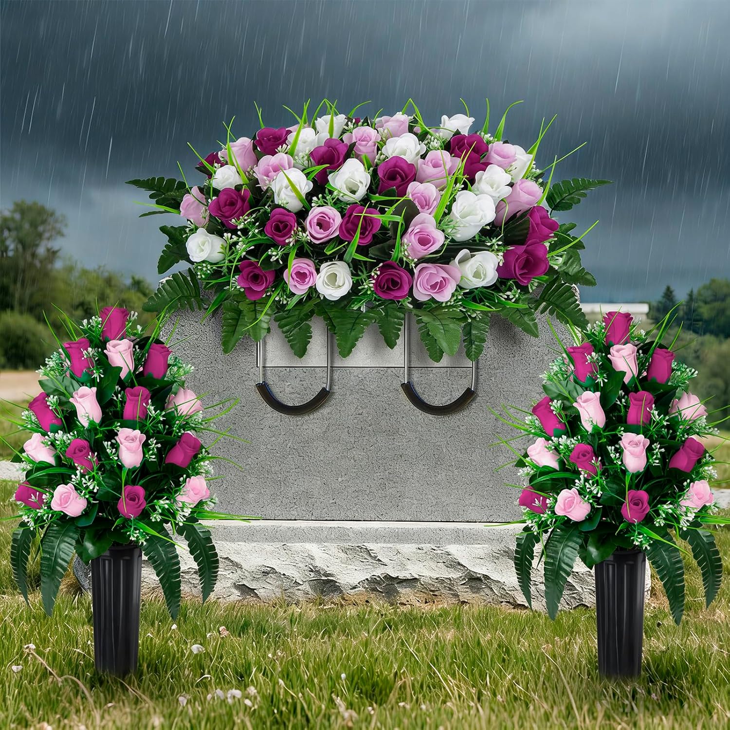 Artificial Cemetery Flowers Saddle, 2 Sets Grave Flowers Rose with Vase, Memorial Headstone Flowers Saddle for Cemetery Grave Tombstone Decorations (1 Saddle 2 Bouquets)