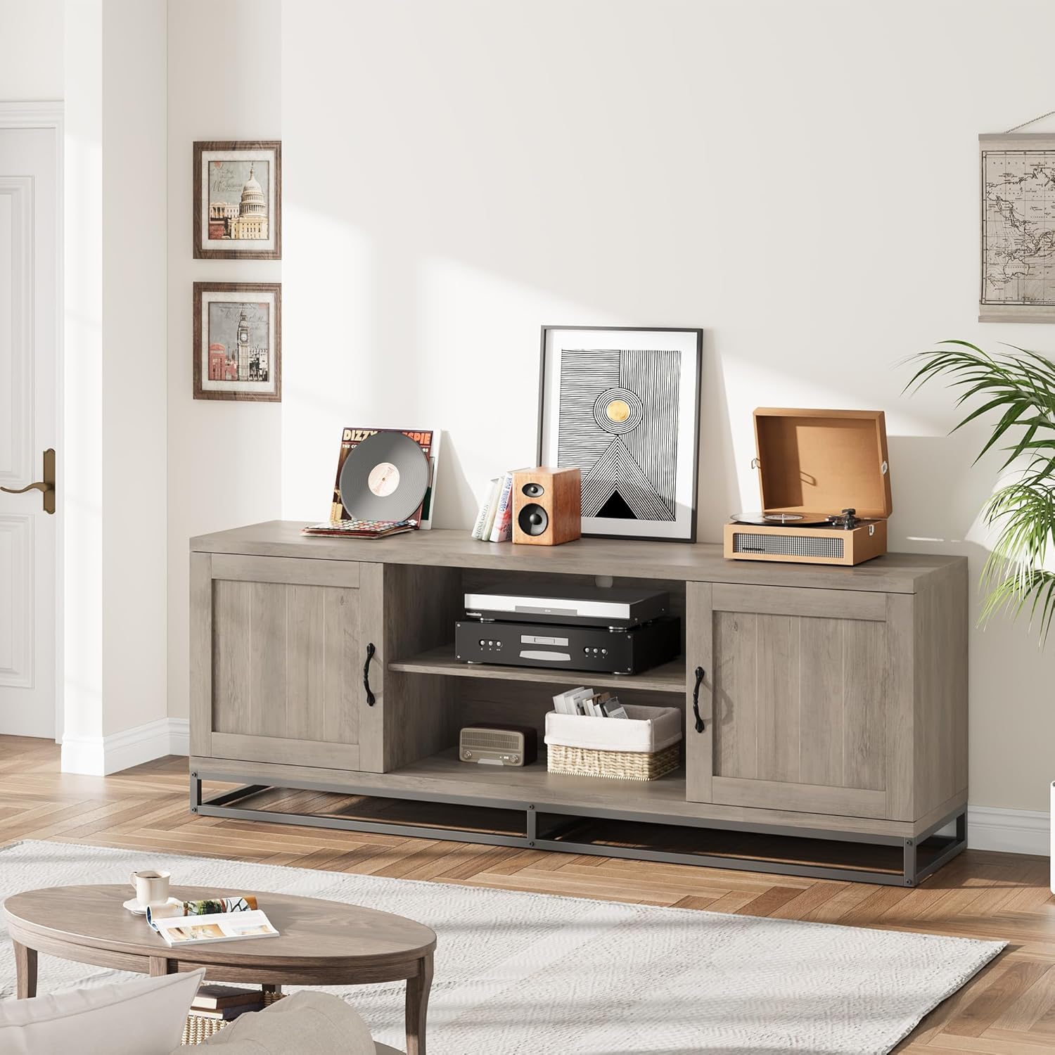 GAOMON Farmhouse TV Stand for 75 Inch TV, Wooden Entertainment Center with Adjustable Shelves, Metal Legs, Storage Cabinets & Media Console for Living Room
