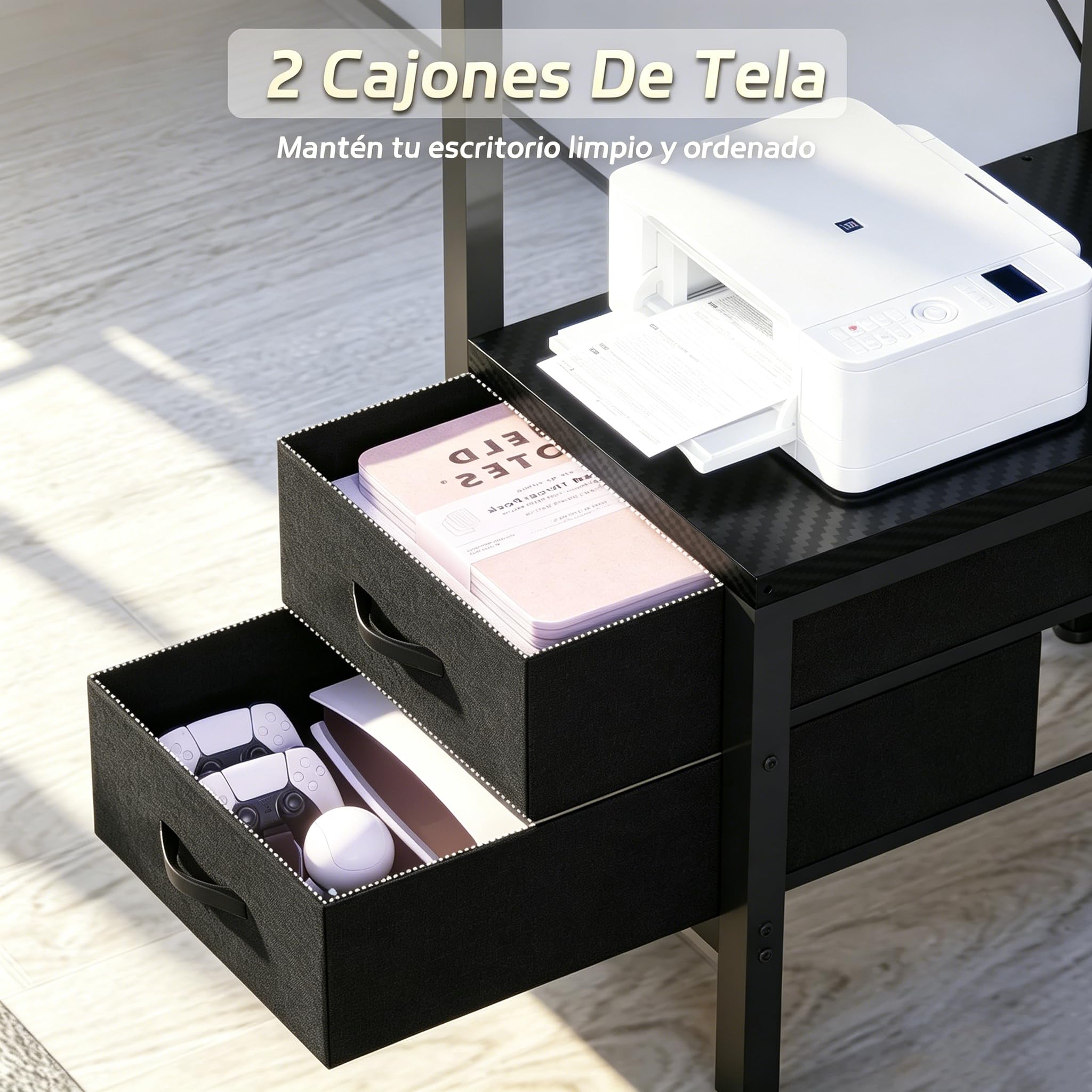 Devoko Escritorio Gaming 120 x 48 cm Negro | Estante integrado, Cajones incorporados, Luz LED, Enchufe eléctrico, Fibra de carbono, Amplio almacenamiento
