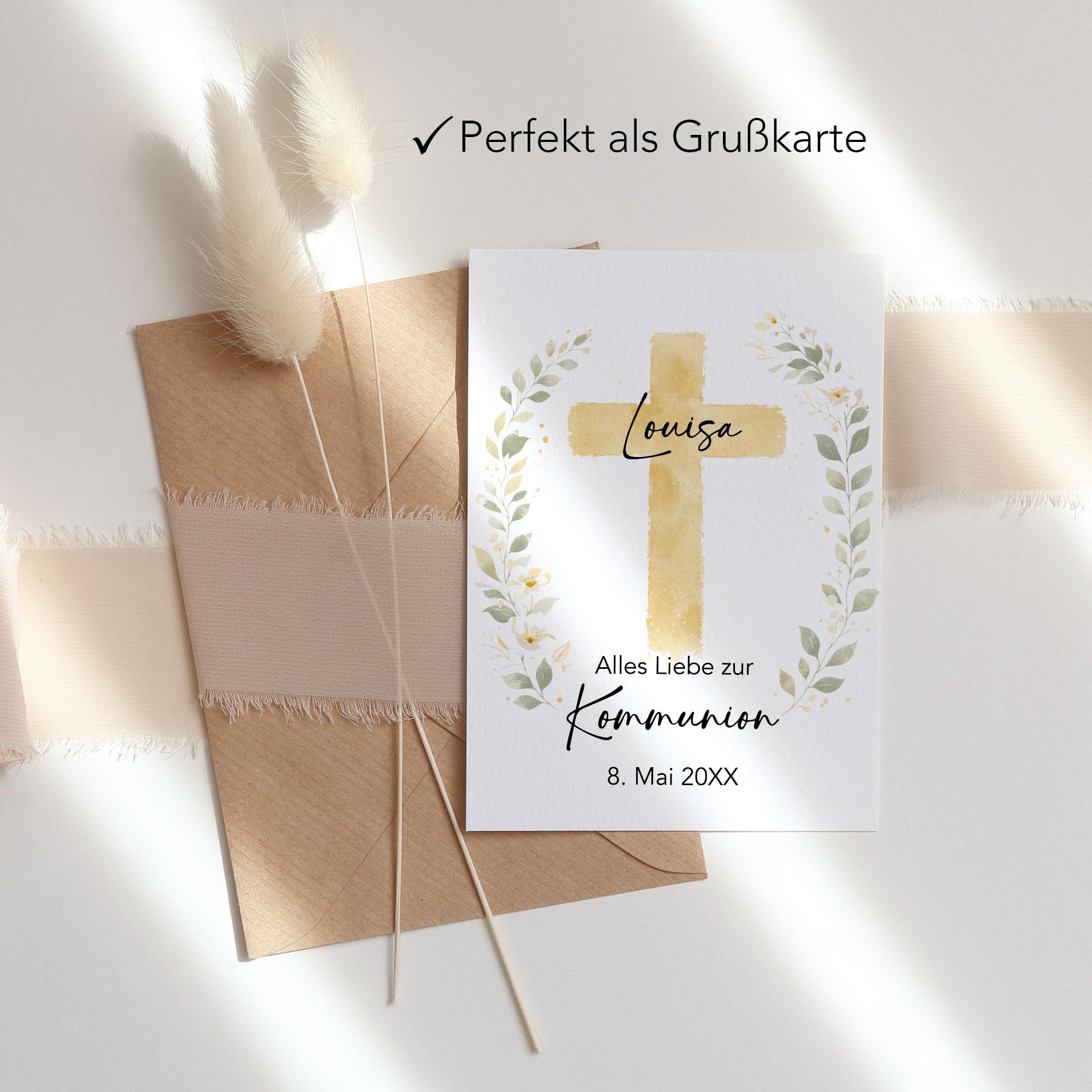 Personalisierte Kommunionskarte mit Name, Karte zur Kommunion mit Kreuz Design als Faltkarte für Mädchen Jungen - Glückwunschkarte & Geldgeschenk - 4