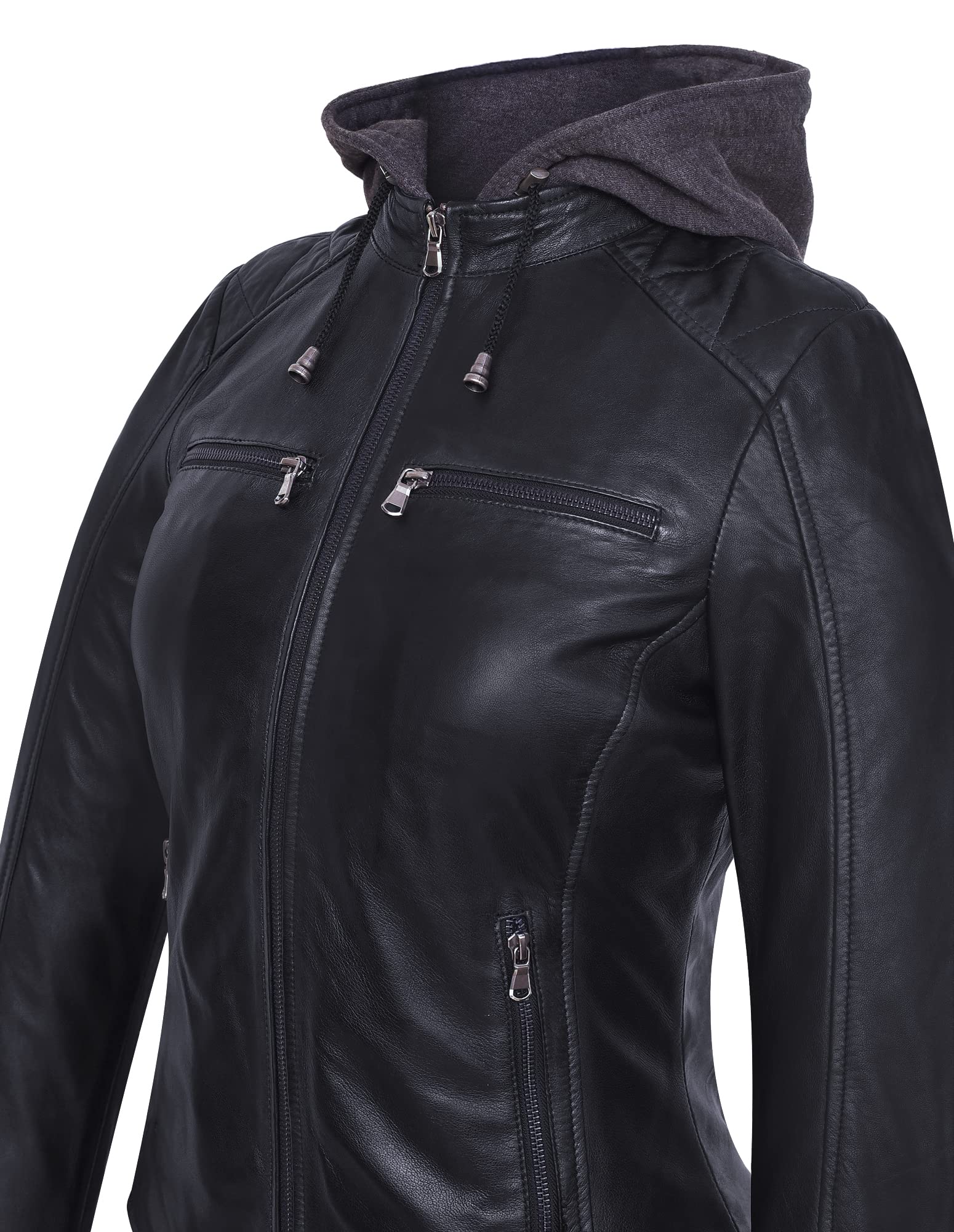 Damen Lederjacke Olena mit abnehmbarer Kapuze - Echtleder Bikerjacke Damen aus feinstem Lammnappa Leder im Biker