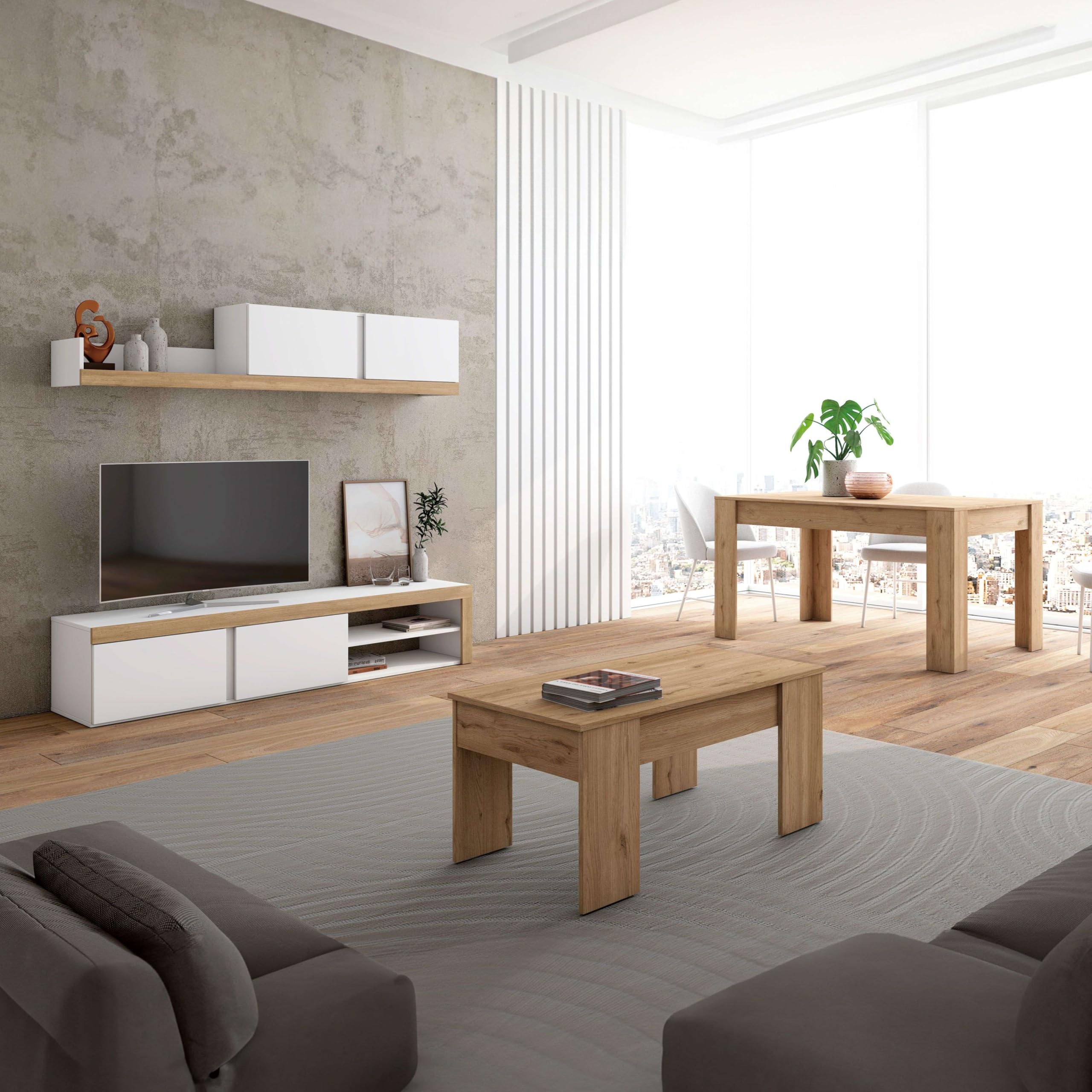 Miroytengo Pack de Muebles de Salón Estilo Moderno con Mueble TV, Mesa Centro y Mesa Comedor Extensible Color Blanco Mate y Roble Naturale