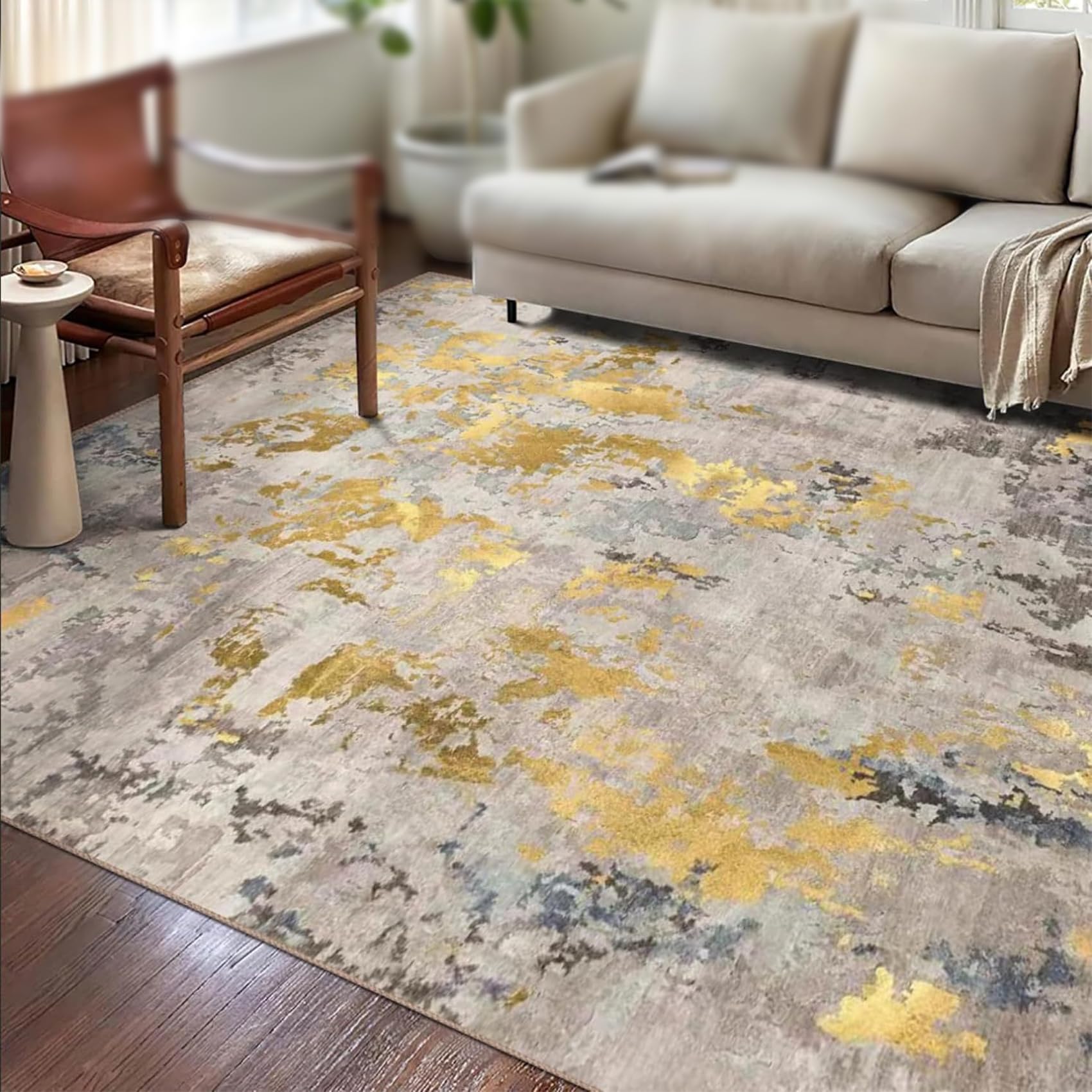 Tapis de salon esthétique marron gris jaune pour une salle à manger moderne 110x180