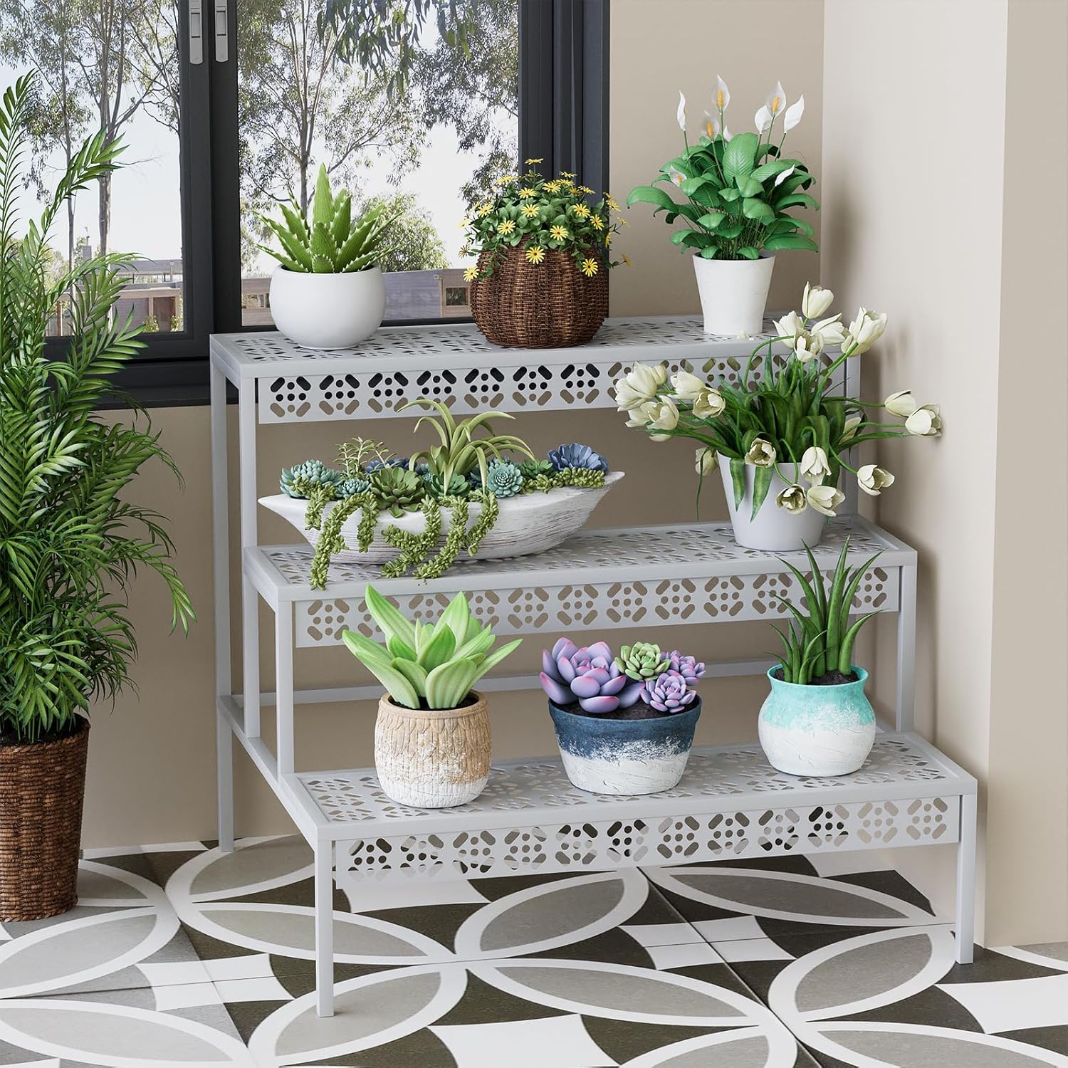 Huhote Scala per fiori in metallo a 3 gradini, per giardino, balcone, interni ed esterni, multifunzionale con grande capacità, bianco