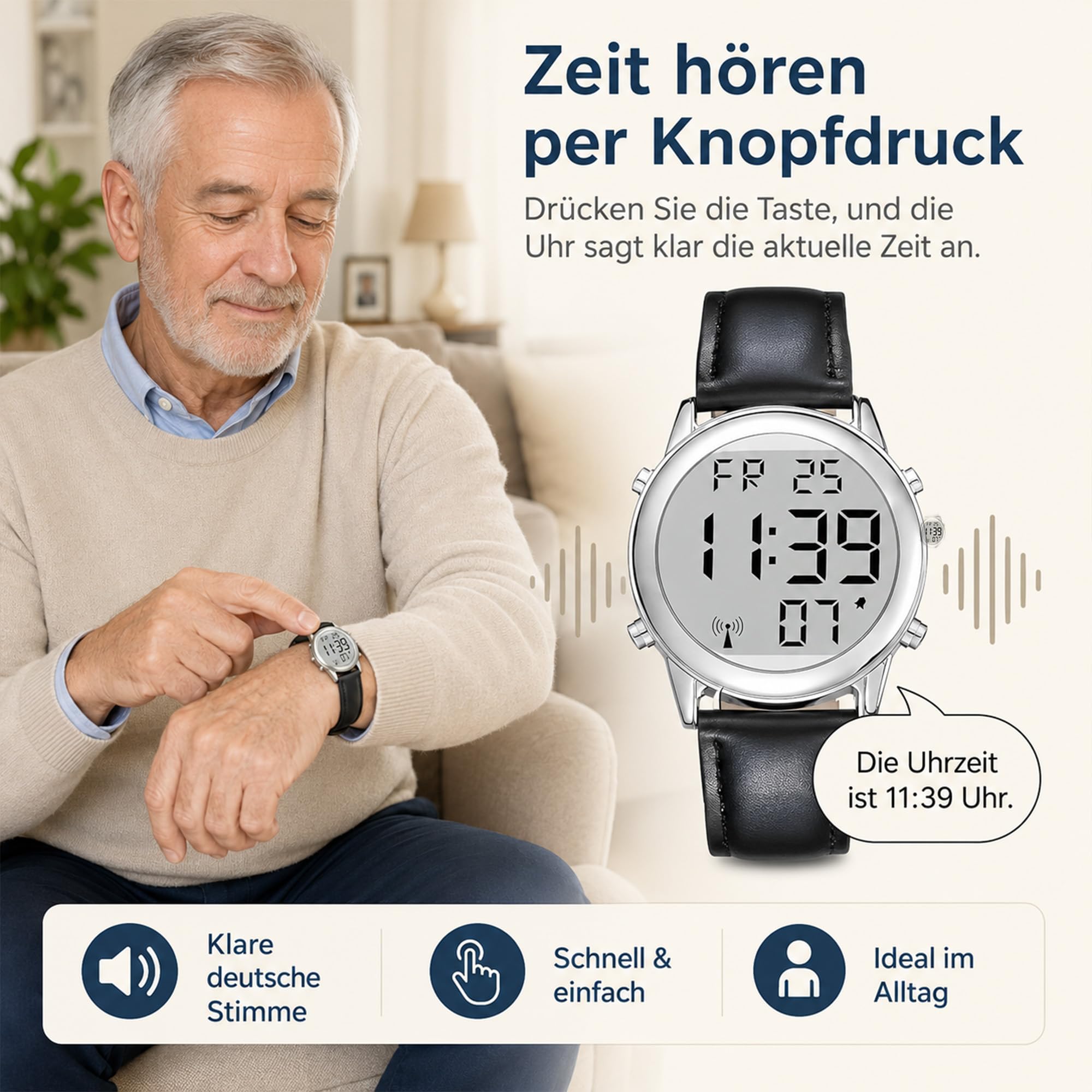 Deutsch Sprechende Herren Armbanduhr I Funkarmbanduhr I LCD Große Zahl Leicht zu Lesen I Datum- und Zeitansage I Für Blinde, Senioren und Demenzkranke