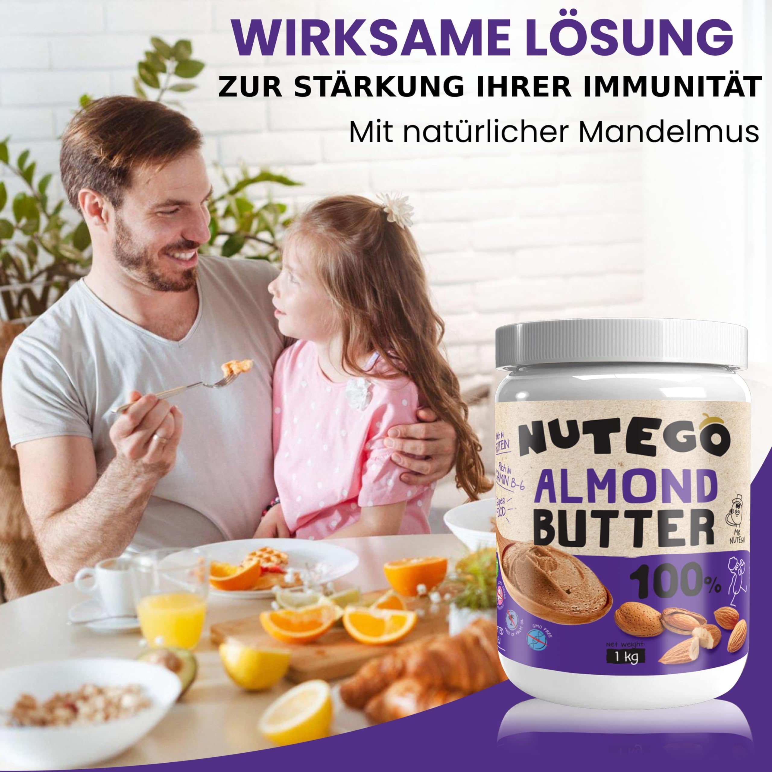 Nutego 100% Cremige Mandelmus 1 KG – Mandelbutter Ohne Zusätze, Salz, Zucker & Palmfett – Vegan, Laktosefrei, Gentechnikfrei