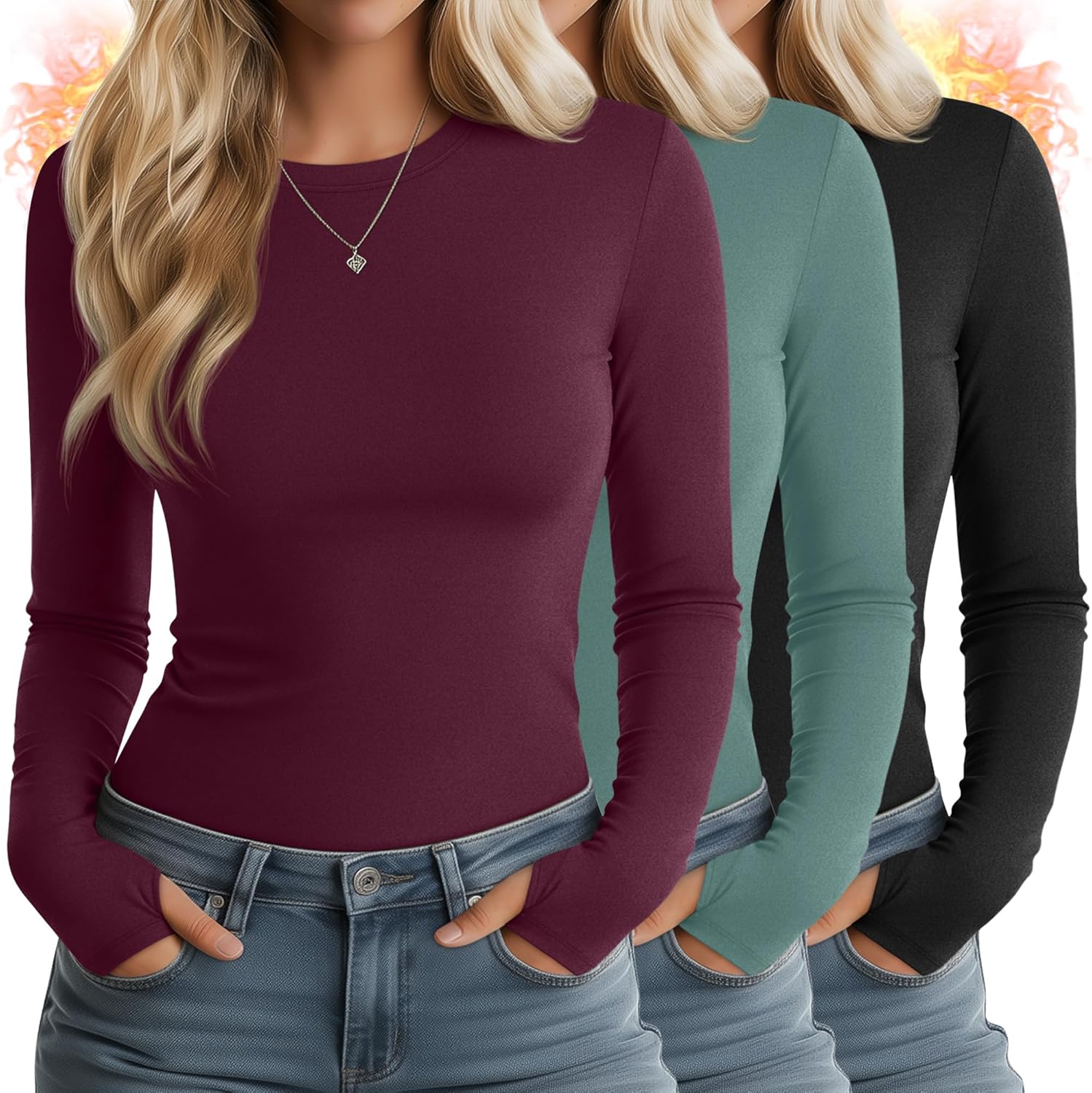 Huukeay 3 Pack Women's Thermal Shirts with Thumb Holes Long Sleeve Basic Tops Slim Fit T-Shirts Casual Soft Fleece Layer