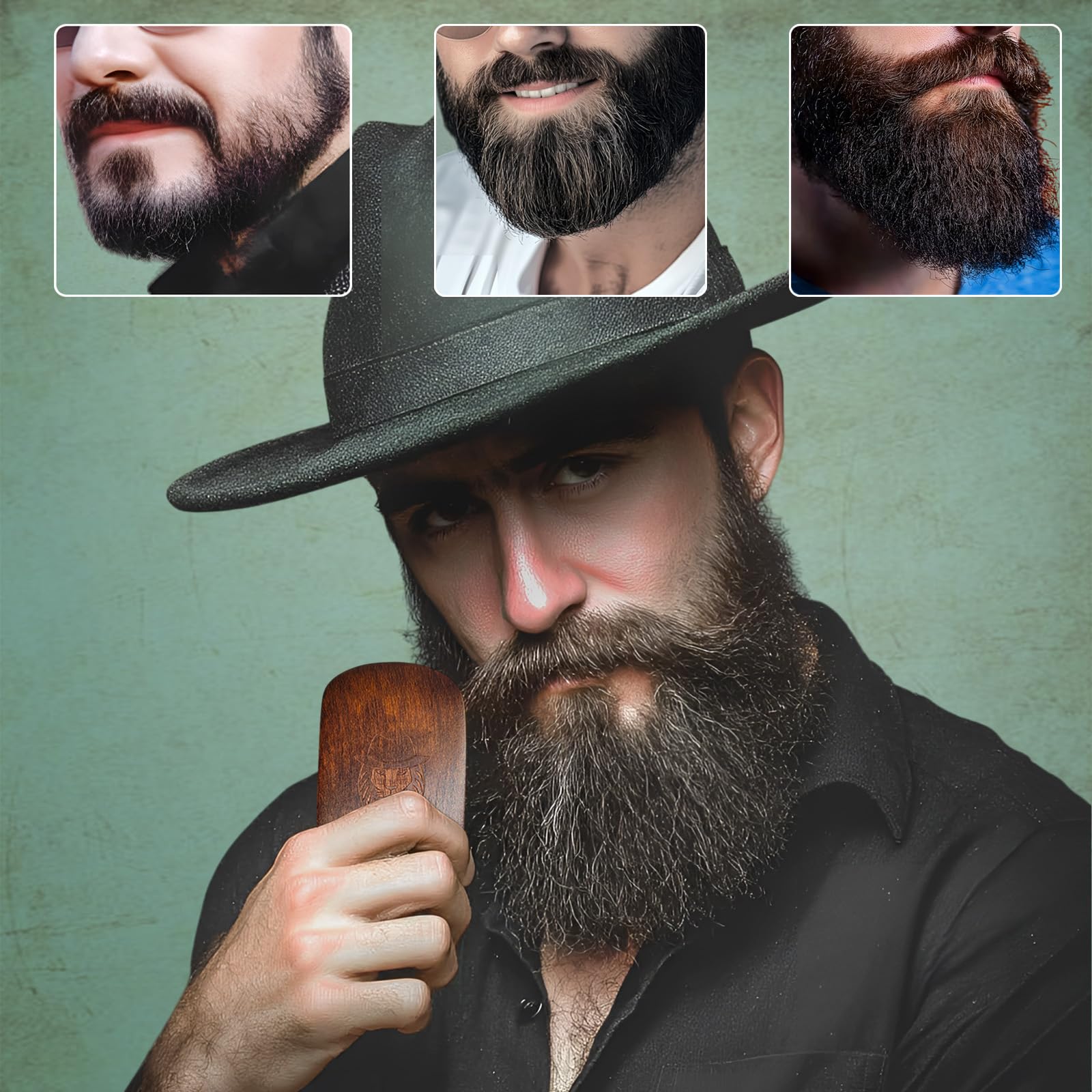 Cepillo de barba para aseo masculino, mango de madera rectangular retro con cerdas de jabalí 100% limpieza facial y bigote