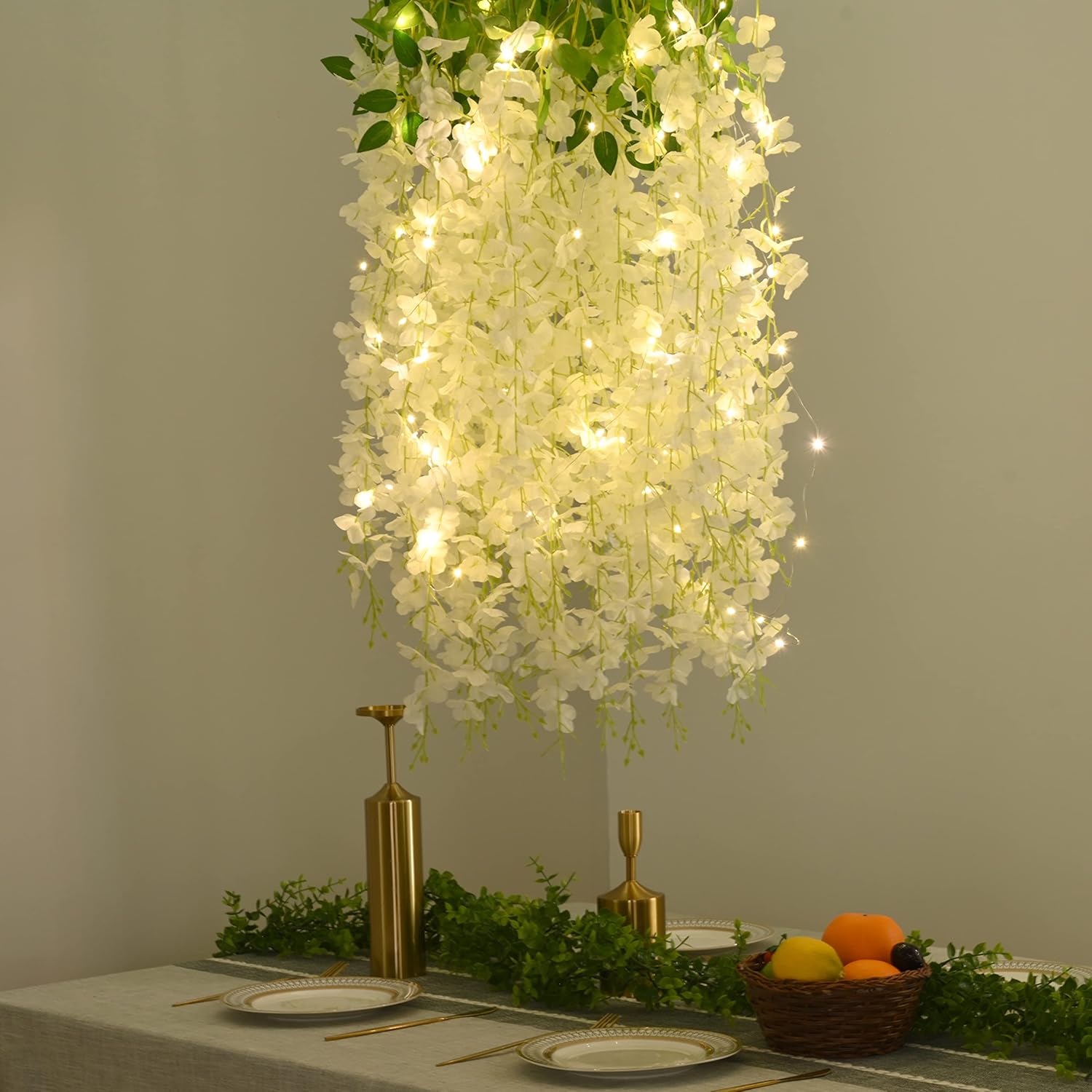 BLEUM CADE 24Pcs White Fake Wisteria Hanging Flowers with Lights, 3.6Ft/Pcs Artificial Wisteria Garland, Hanging Flowers for Wedding Party Home Backdrop Wall Decoration