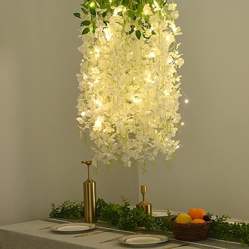 Miniatura 4 de BLEUM CADE 10 flores colgantes de glicina blanca con luces, 3.6 piesunidad, flores de glicina falsas, guirnalda de glicina artificial colgante para