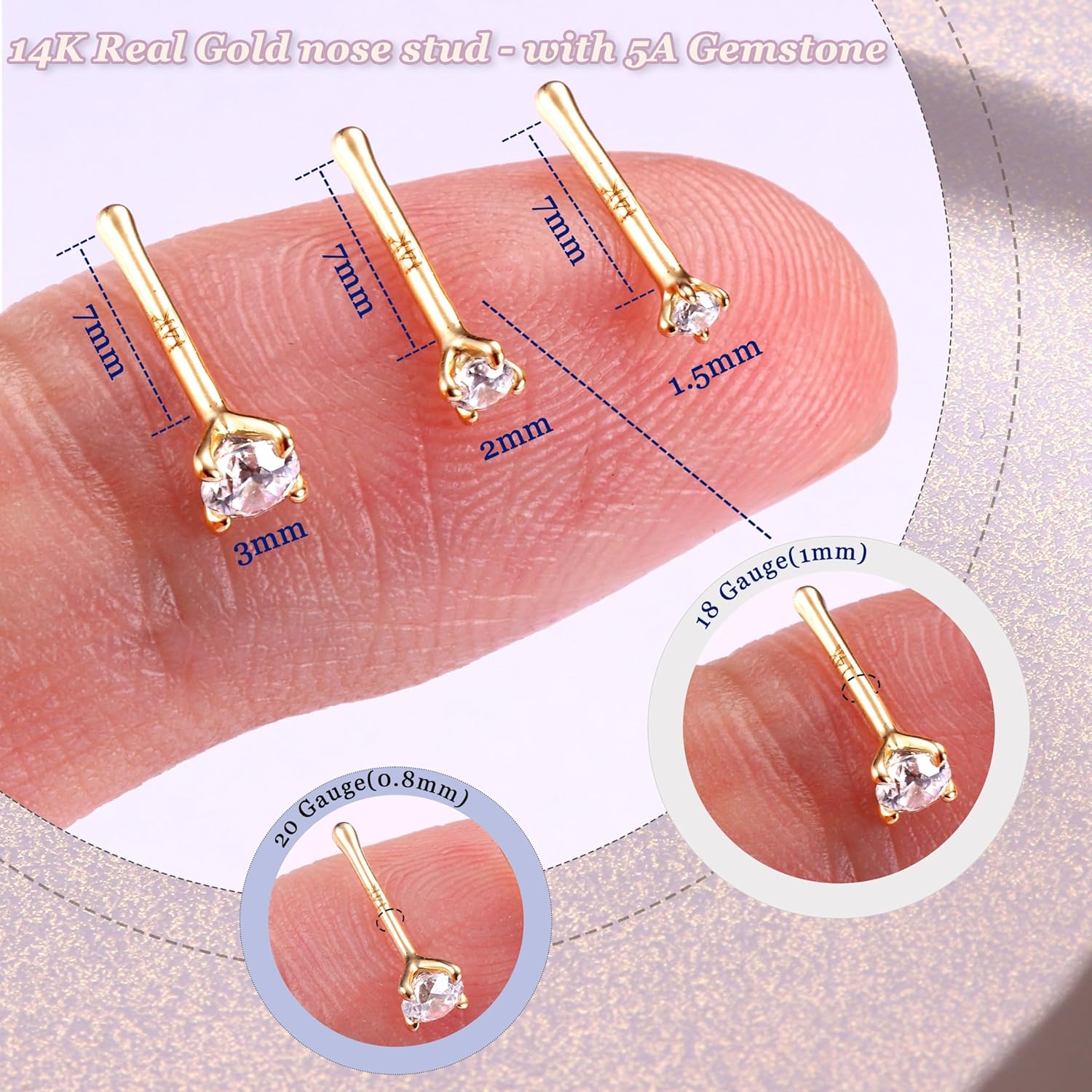 BodyBonita 14K Solid Gold Plated Nose Rings - Twist/Bone Style Nose Stud 18G 20G Screw Shaped CZ Post Hypoallergenic Piercing Jewelry Rings Women Men 3 mm/2 mm/1.5 mm Cubic Zirconia 7 mm Bar Length - Image 3