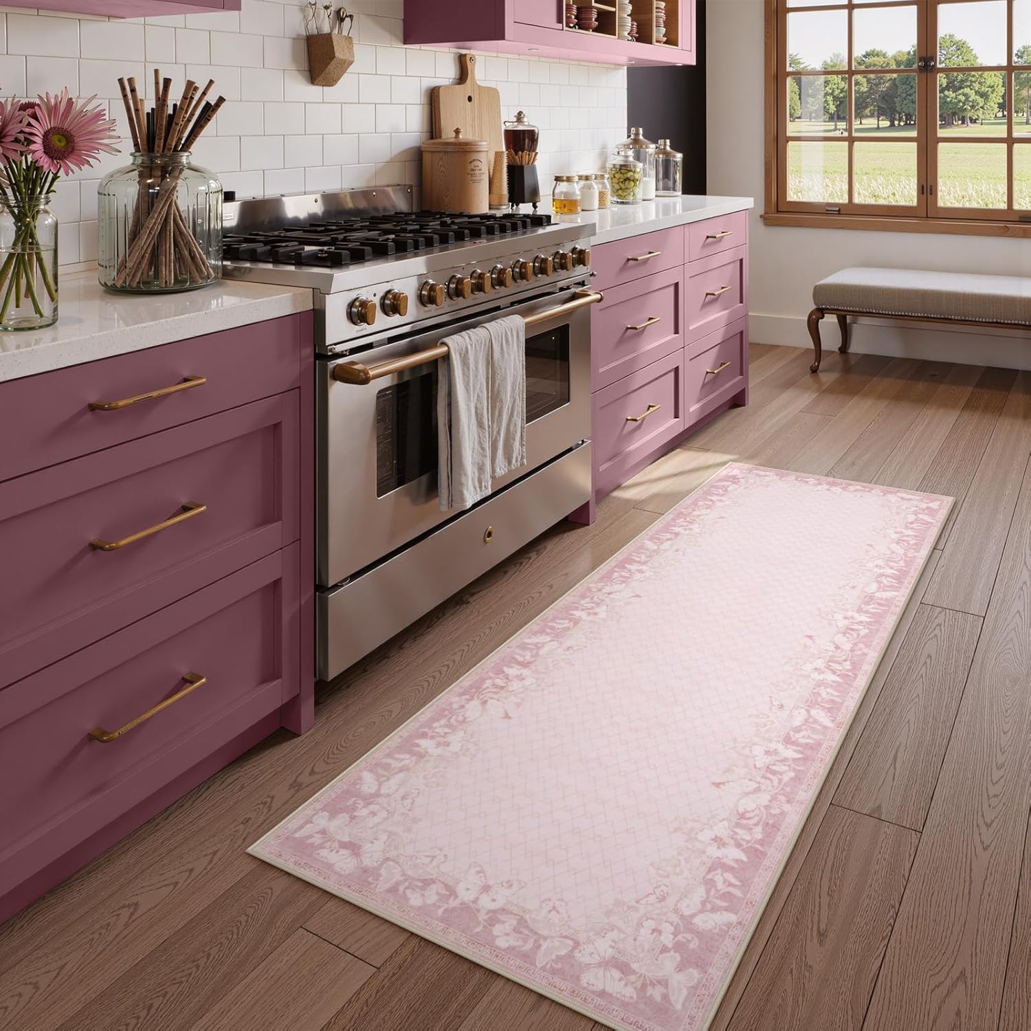 STARUIA Runner Rug Non Slip 2x6, Washable Butterfly Pink Rug Runners for Hallways, Low Pile & Soft Area Carpet Floor Decorated Rugs for Entryway Kitchen Laundry Bedroom Girls Room(Pink,2'x6')