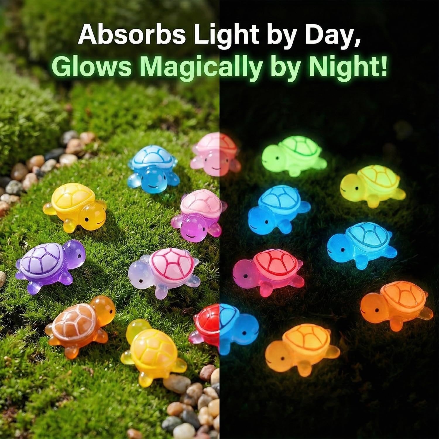 Famille de tortues lumineuses XXL : 1 x grande tortue mère (17 cm, avec compartiment de rangement) + 50 x mini tortues phosphorescentes – Décoration en résine résistante aux intempéries pour