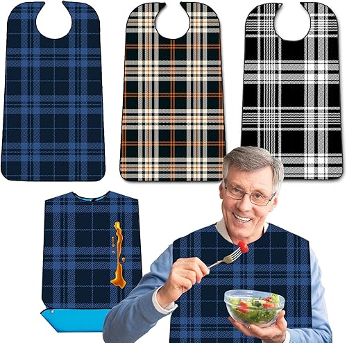 Miniatura 8 de Paquete de 3 baberos para adultos con recogedor de migas, baberos lavables y ajustables para adultos, para hombres mayores, baberos para comer