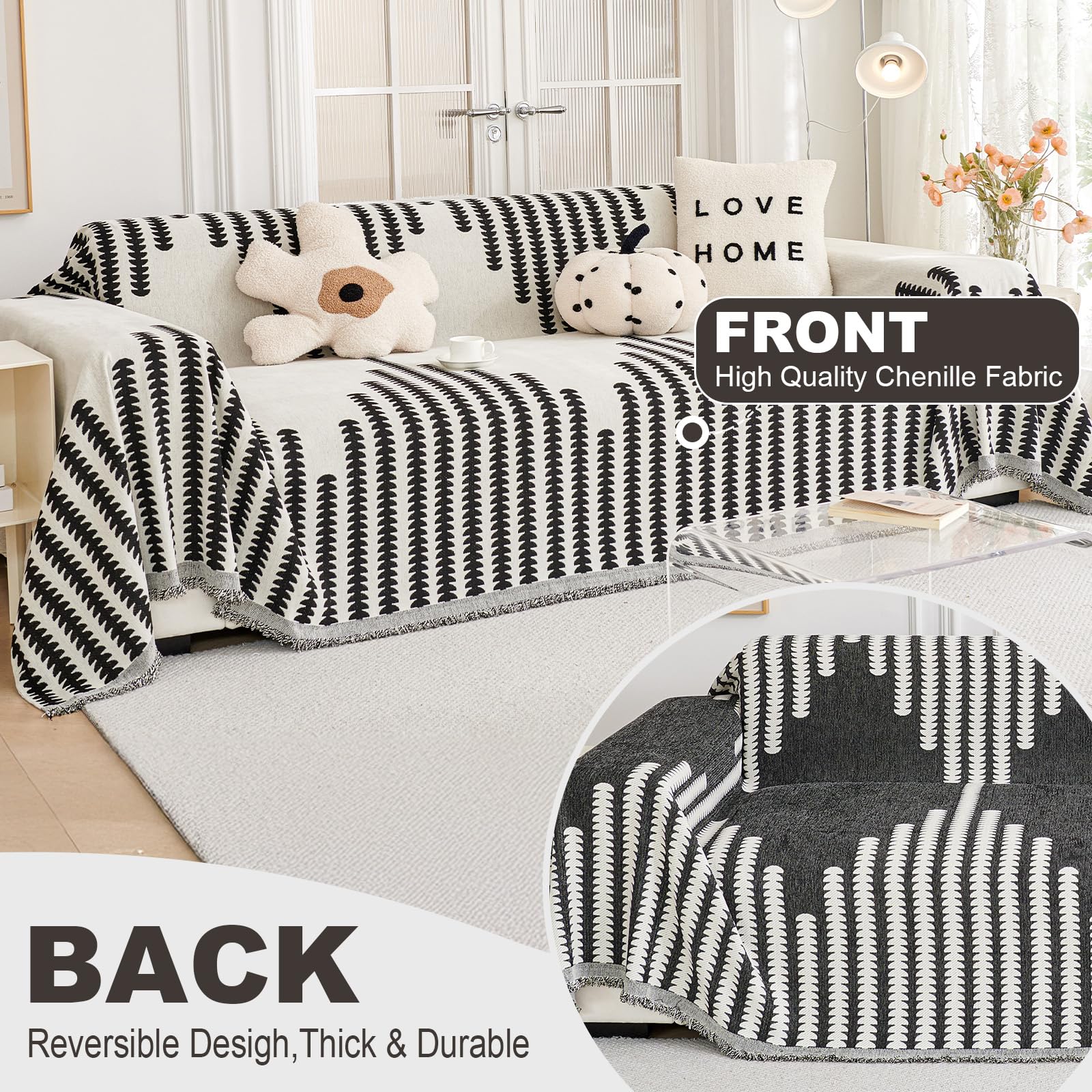 Royhom Black Sofa Cover 2 Seater, Corner Sofa Slipcovers L Shape, Washable Couch Cover with Tassel, Soft, Breathable - Image 4