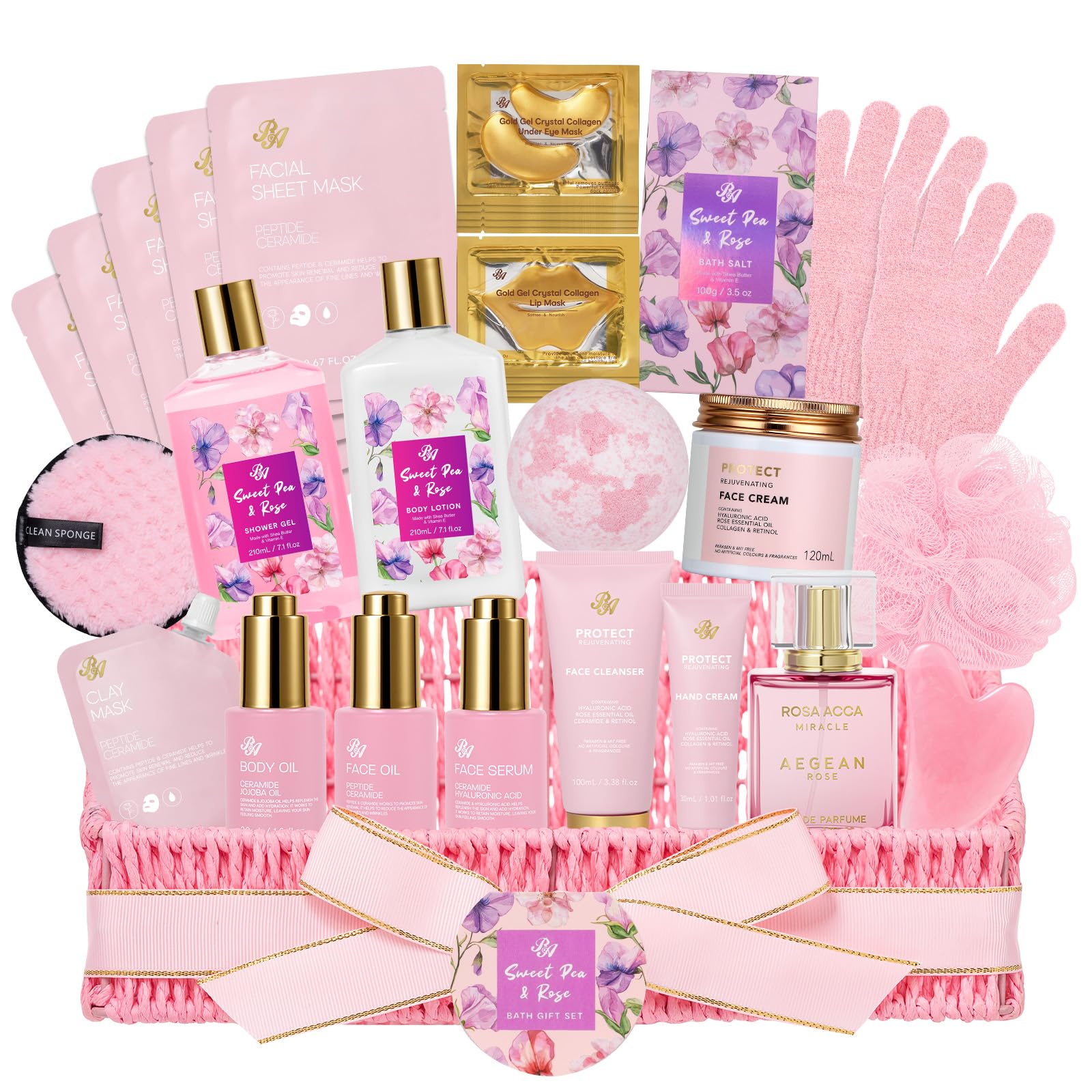 Gifts for Women, 32 Pcs Rose Spa Gifts Basket, Hydrating Face Skin Care Set