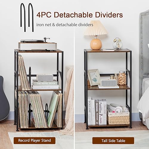 Miniatura 8 de Soporte para tocadiscos, almacenamiento de discos de vinilo hasta 200 álbumes, mesa auxiliar de 3 niveles con separadores extraíbles, mesa auxiliar