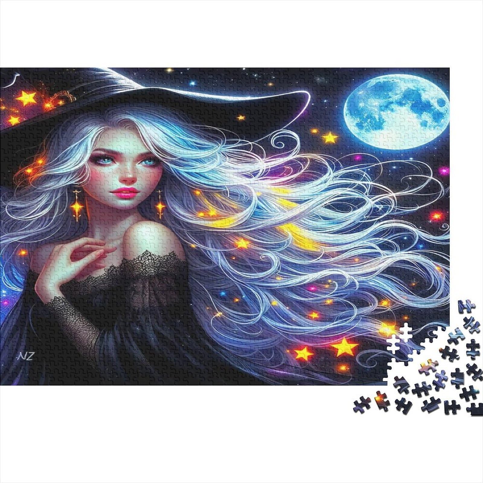 Mystical Witch 1000 Piece Jigsaw Puzzle Paper Puzzle for Adults Night Sky Moon Focus Game Decoration Relax 52x38cm/1000pcs