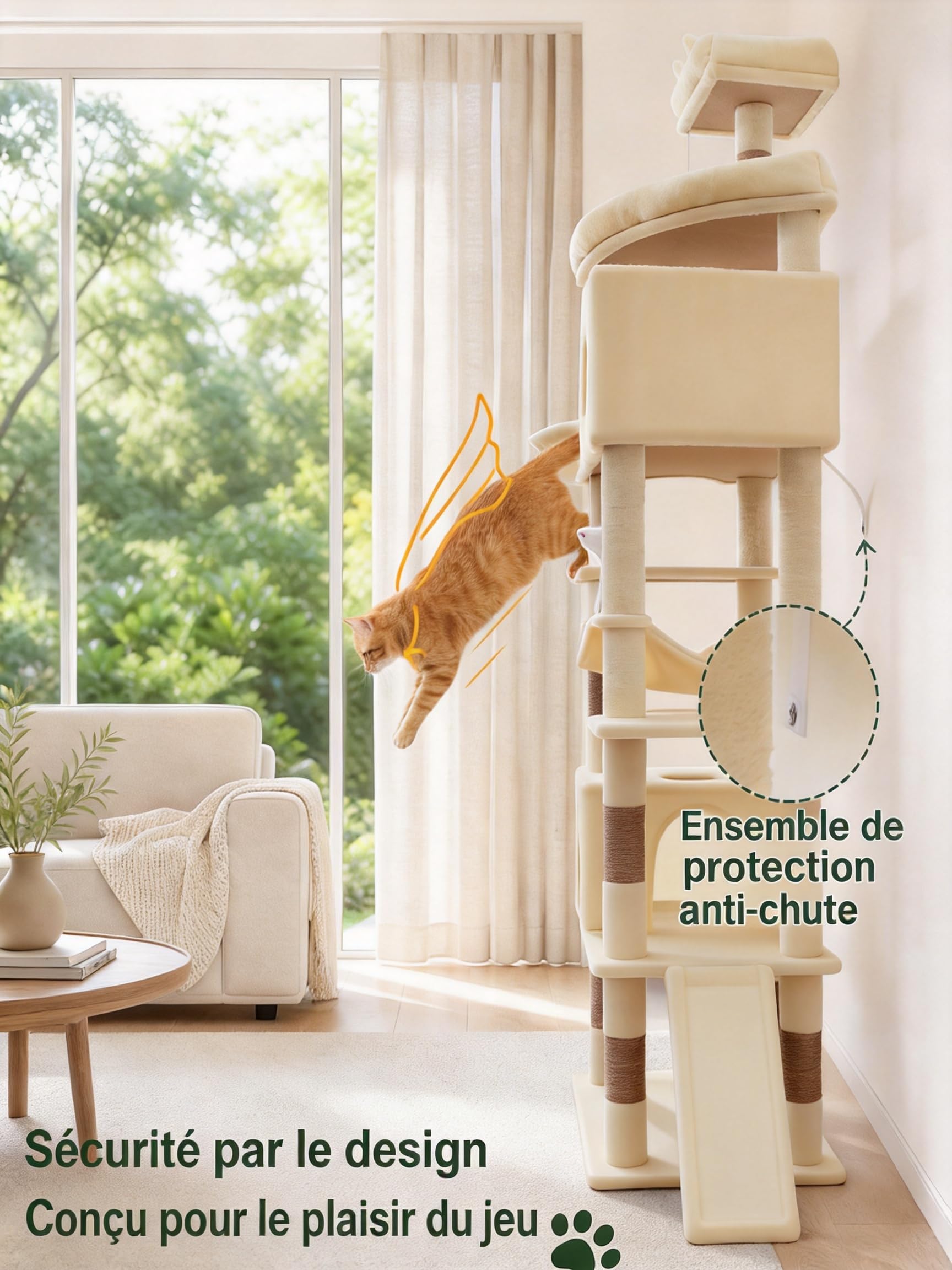 Arbre à Chat 213cm XXL, Tour à Chat Géant pour Grands Chats, Beige | 11 Griffoirs Sisal, 2 Nichoirs, Hamac, Panier, Griffoir Incliné, 2 Plateformes, 2 Jouets, Idéal pour 3-5 Chats, EPT21BW