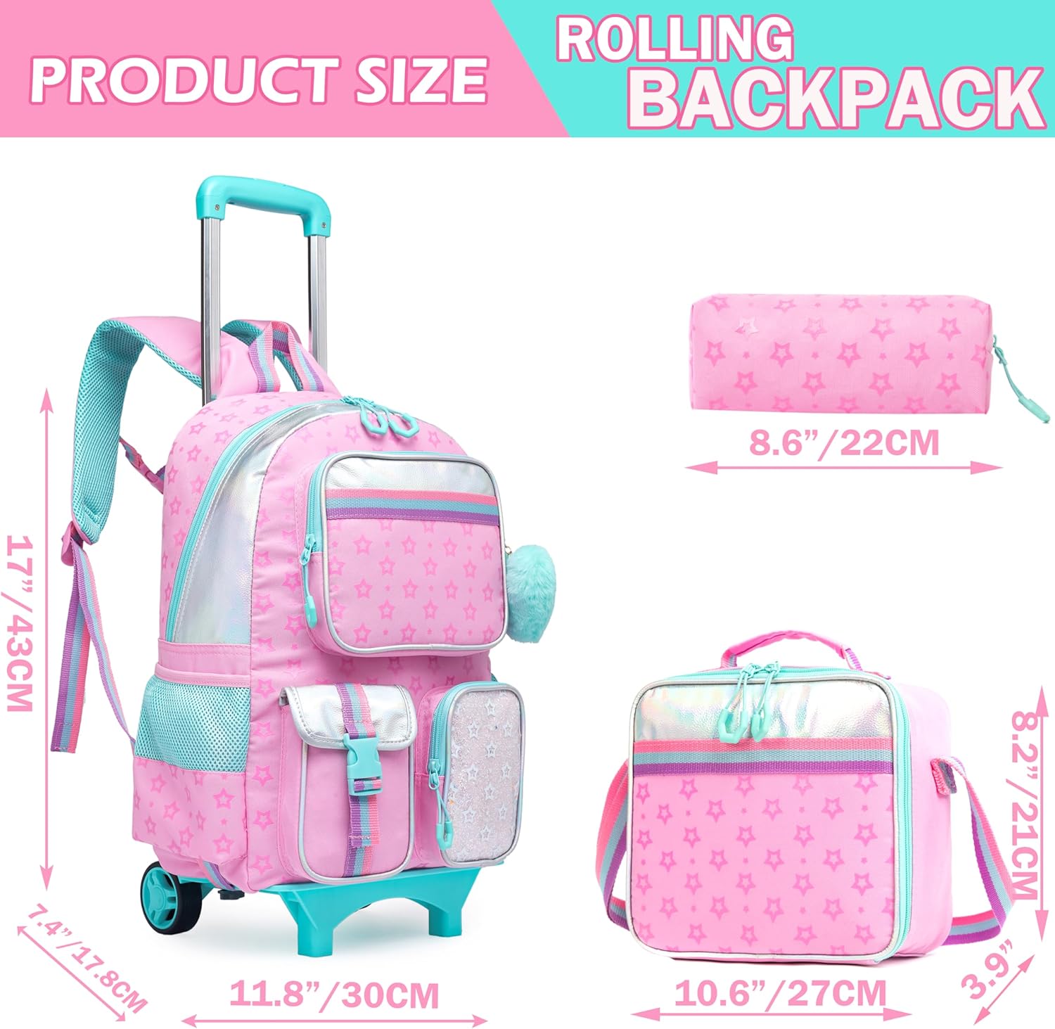 Meetbelify Pink Backpack with Wheels for Kids - Cute Carry On with Lunch Box & Pencil Case for Elementary Students - Travel Suitcase for Girls 8-10