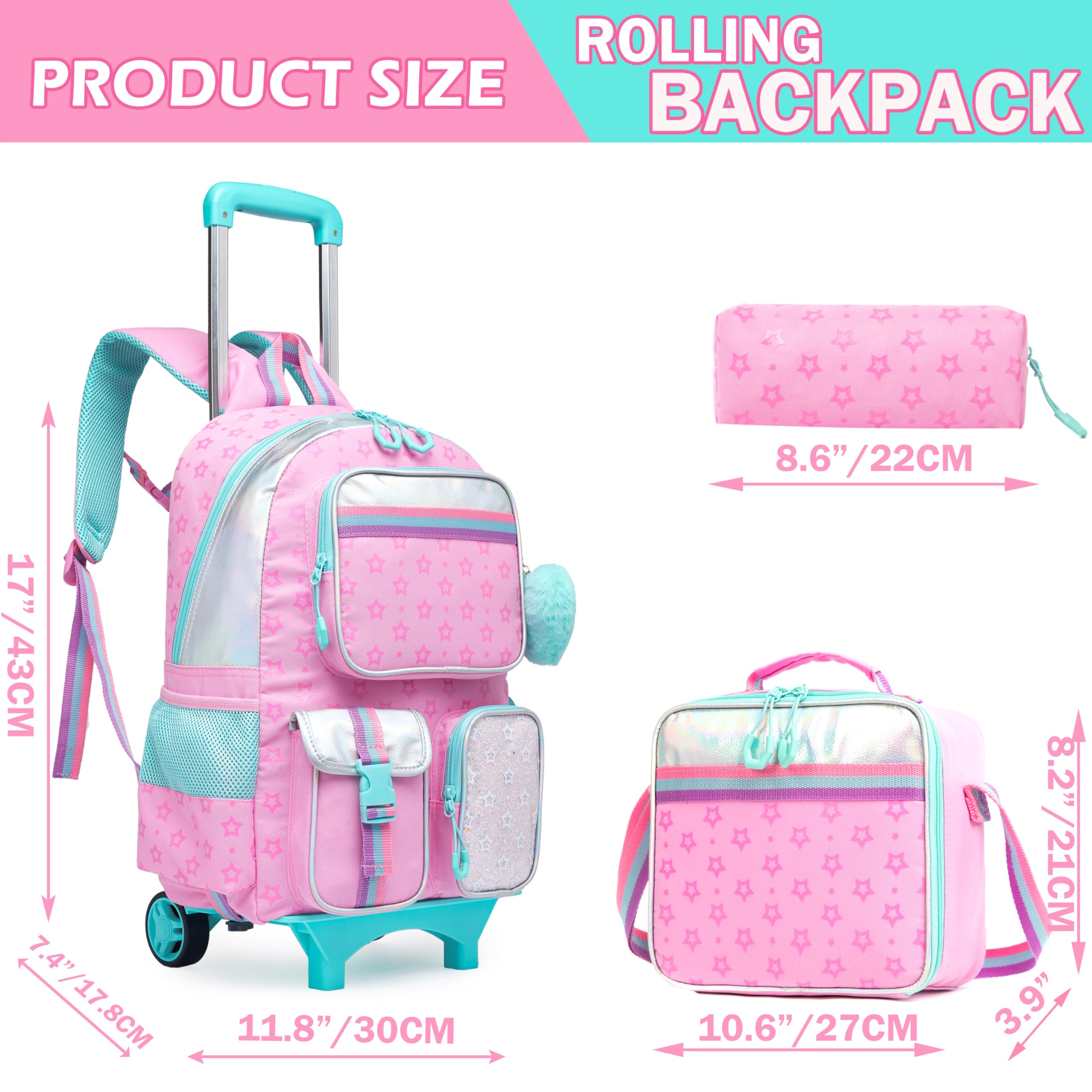 Meetbelify Einhorn Rollrucksack für Mädchen 5 in 1 Grundschüler Schule Rucksäcke mit Rädern Reisegepäck 17 Zoll Kinder Laptoptasche mit Brotdose für Teenager Mädchen
