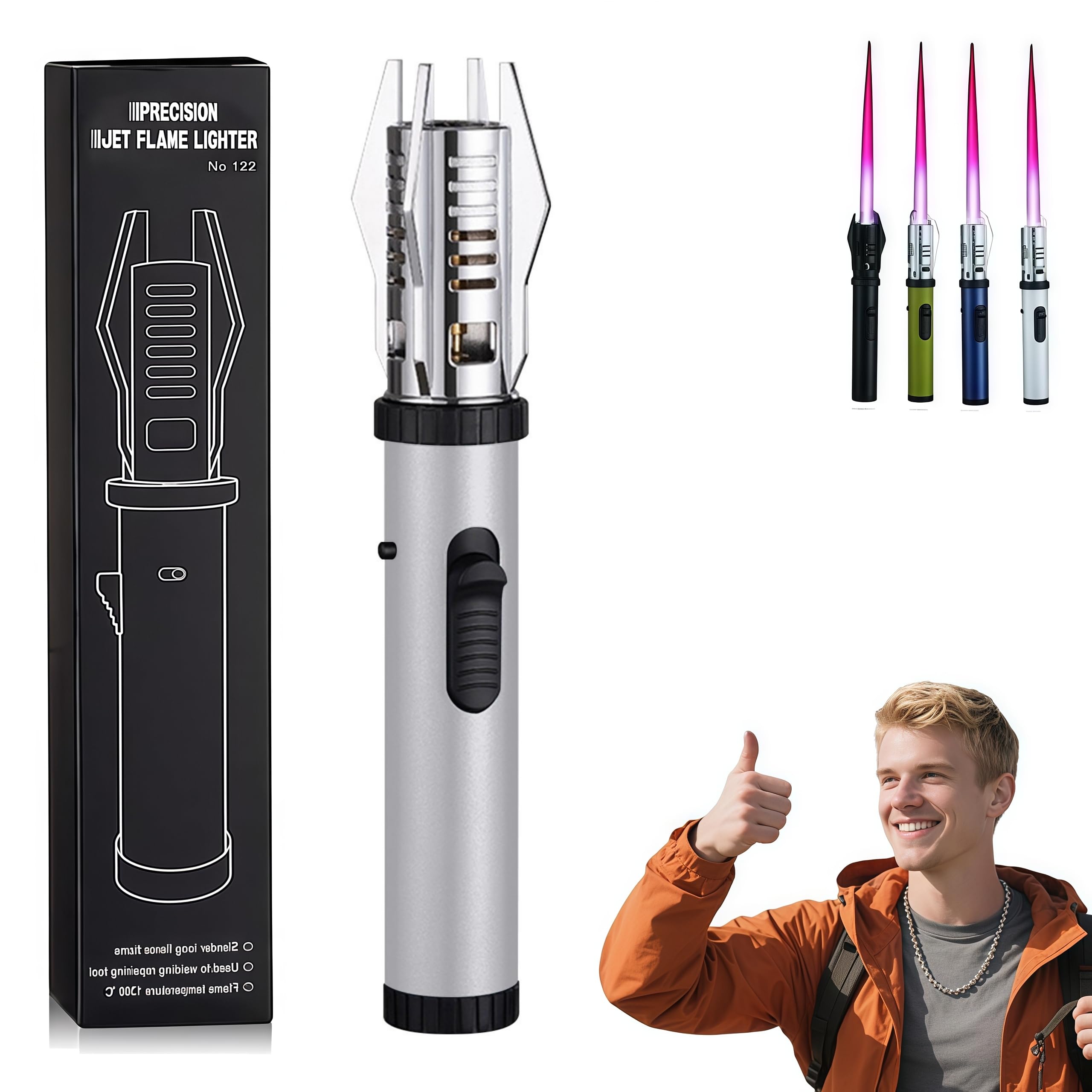 Lux Blazze Lighter, Luxblazze Plasma Lighter, Adjustable Windproof Torch Lighter with Safety Lock, High-Heat Outdoor Flame for Camping, BBQ, Candles, Welding, Baking, Outdoor Cooking (Silver)