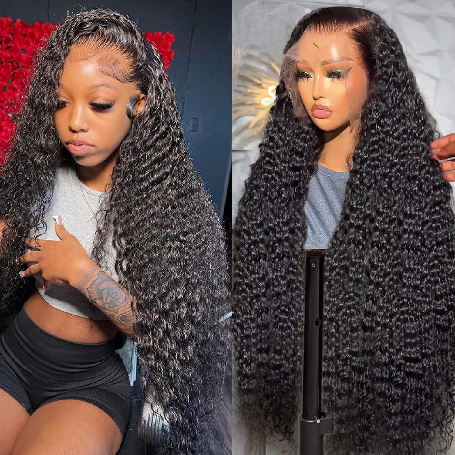 Lemoda 13x6 Water Wave Lace Front Wigs Human Hair 24 inch HD Lace Brazilian 15A Deep Wave Frontal Wigs 180% Density 13x6 Curly Human Hair Wig with Baby Hair Glu