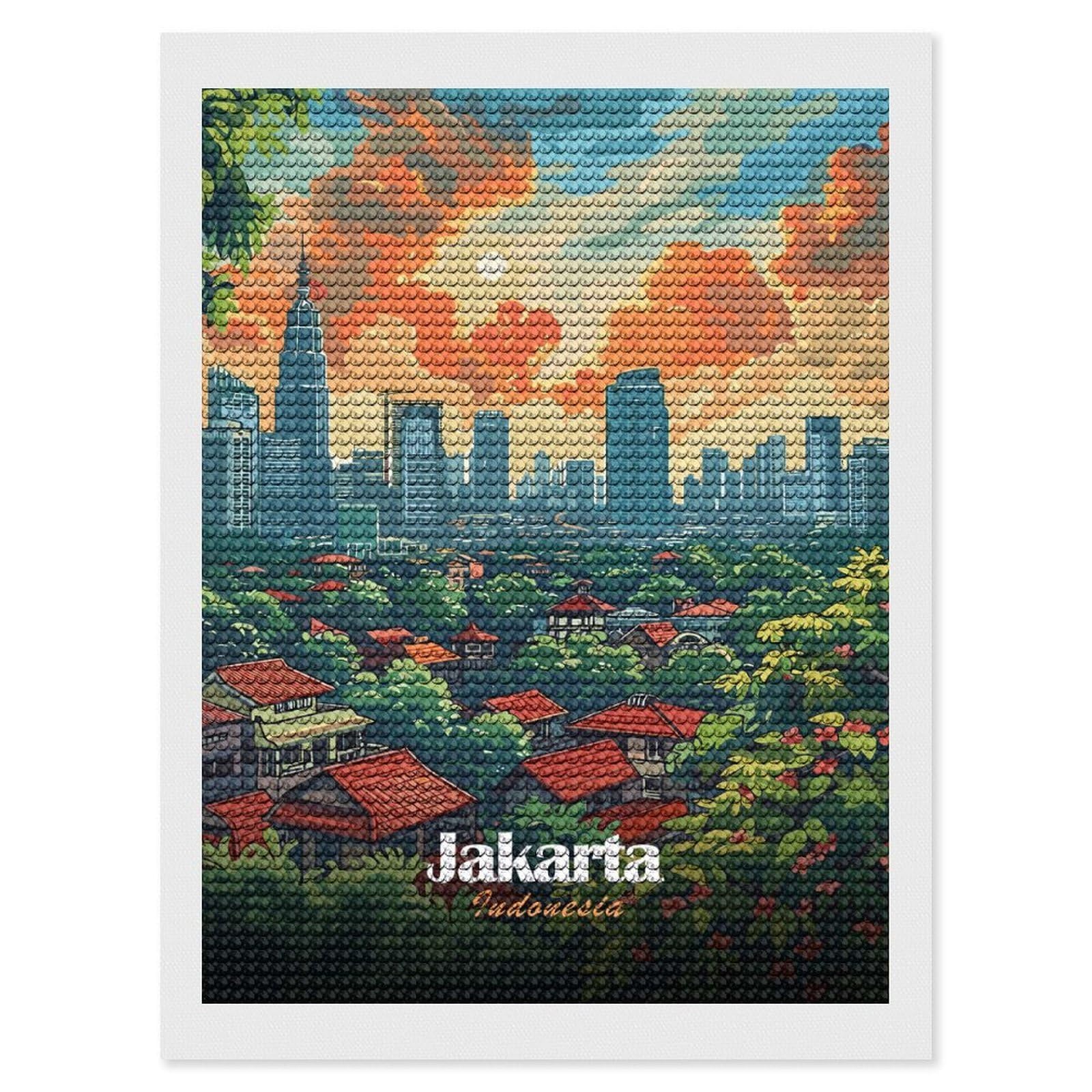 Junmoney Jakarta, Indonesia Cityscape Illustration Crystal Diamond Art Kit 12"x16", Round Gems, Detailed Printed Canvas, Creative Gift Idea, Vintage Style Decor
