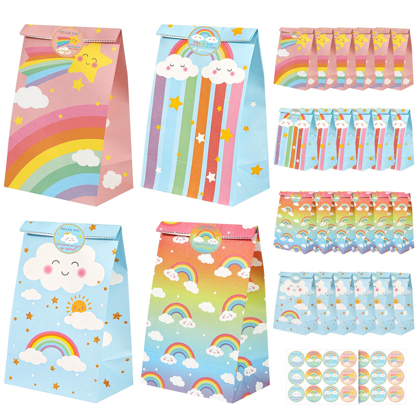 PHOGARY Rainbow Party Bags, 24Pcs Gift Bags with Stickers, Paper Party Favor Bag Treat Sweet Candy Goodie Bags for Kids Birthday Baby Shower Wedding