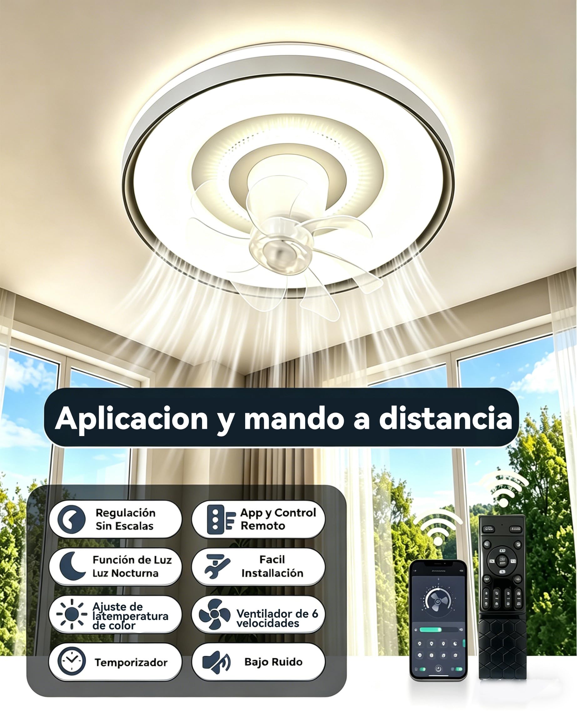 50cm ventilador de techo con luz silencioso cabezal giratorio lampara ventilador techo dormitorio 6 velocidades,3000 K-6500 K regulable mando distancia aplicación para salón, dormitorio la oficina