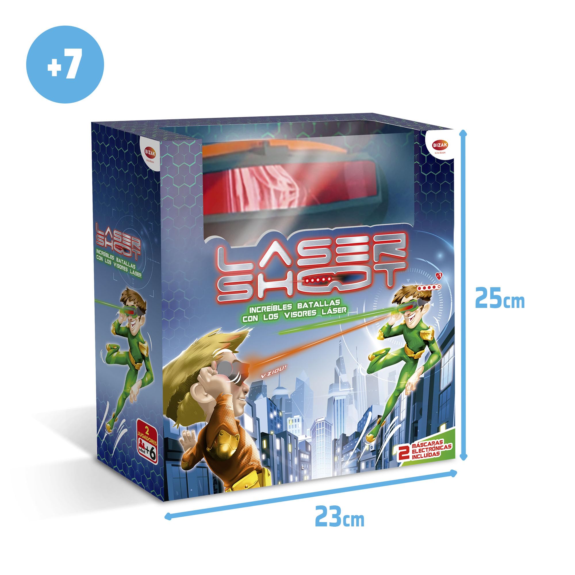 Laser Shoot, Juego de Batalla Visión Láser con 2 Máscaras Interactivas, 5 Vidas por Jugador, Alcance 8 Metros, Juego Activo y Divertido para 2 Jugadores, +7 años, Bizak (64170002)