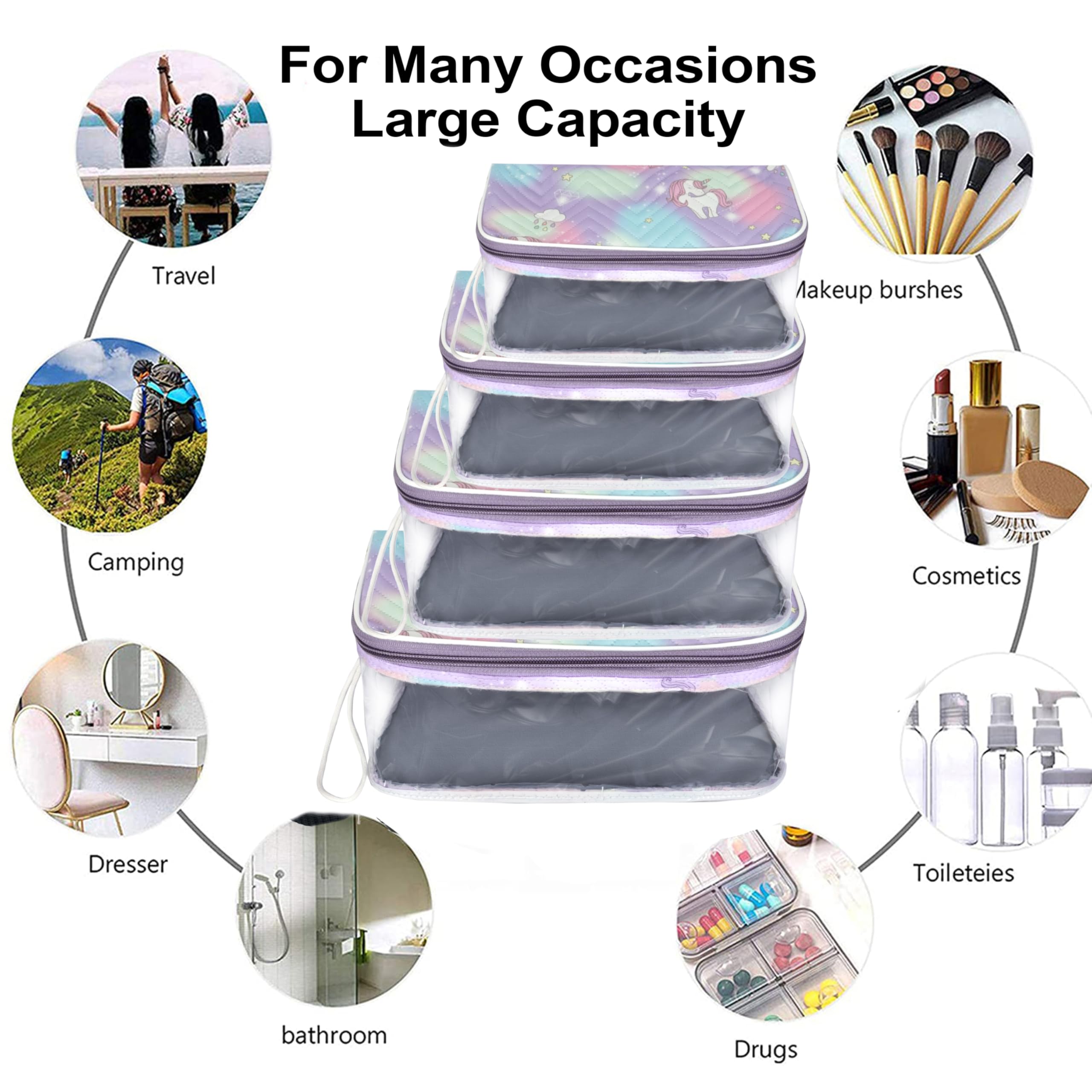 Storite Levendar - Bolsa transparente para cosméticos con estampado de unicornio, organizador de maquillaje, accesorios de joyería, bolsa de aseo con cremallera y asa para mujeres, accesorios de viaje