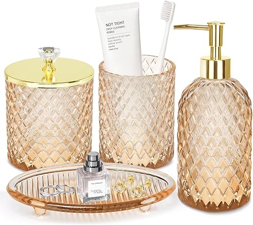 Jenseits Amber Glass Bathroom Accessories Set 4 Pcs - Vintage Diamond Pattern Bathroom Set with Gold Pump - Soap Dispenser, Tray, Toothbrush Holder,