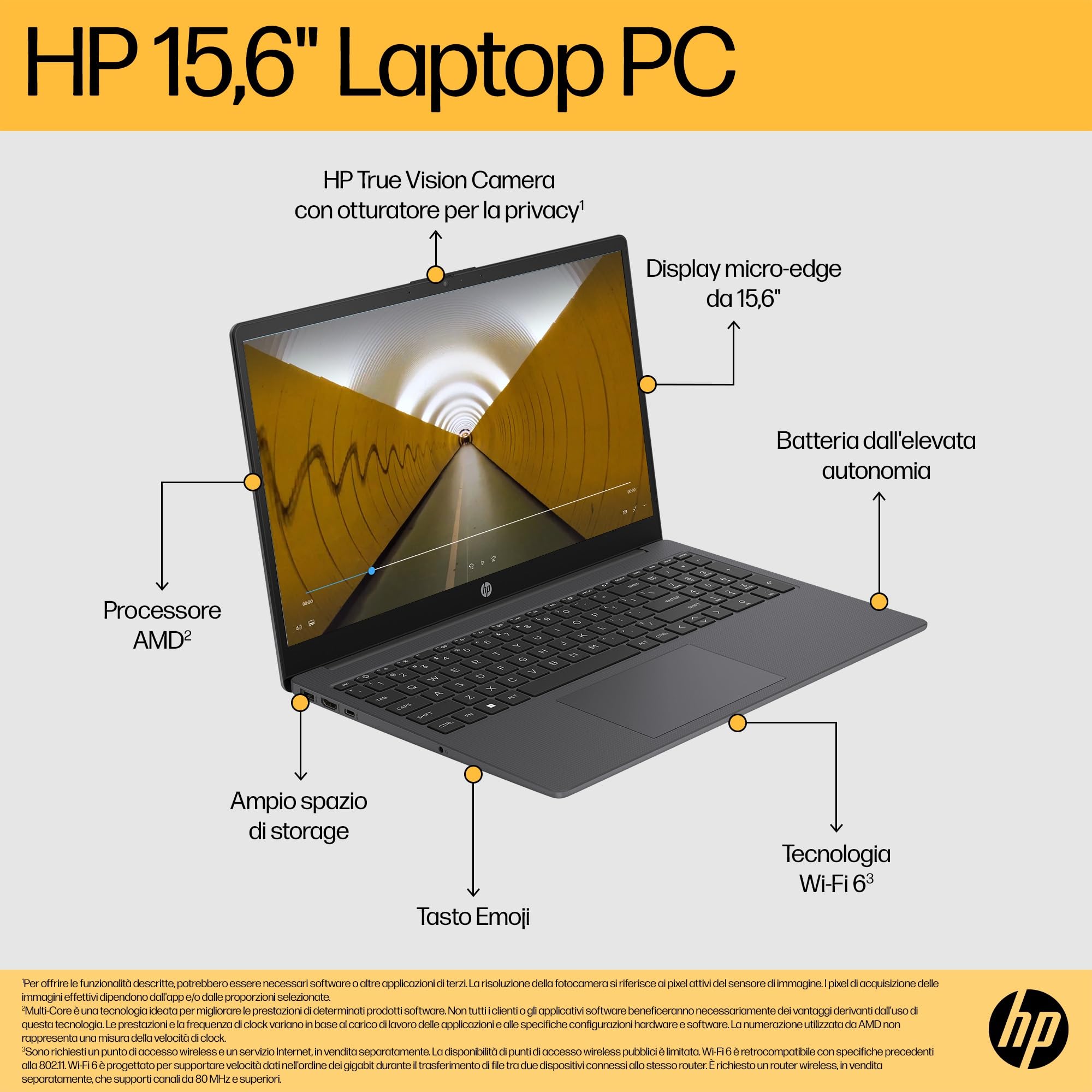 HP Laptop 15-fc0011sl, AMD Ryzen 3-7320U, RAM 8GB LPDDR5, SSD 256GB, Scheda Grafica AMD Radeon, Display 15.6” FHD SVA 250 Nits, Antiriflesso, Wi-Fi, 720p TNR Privacy Cam, Windows 11, Grigio lavagna