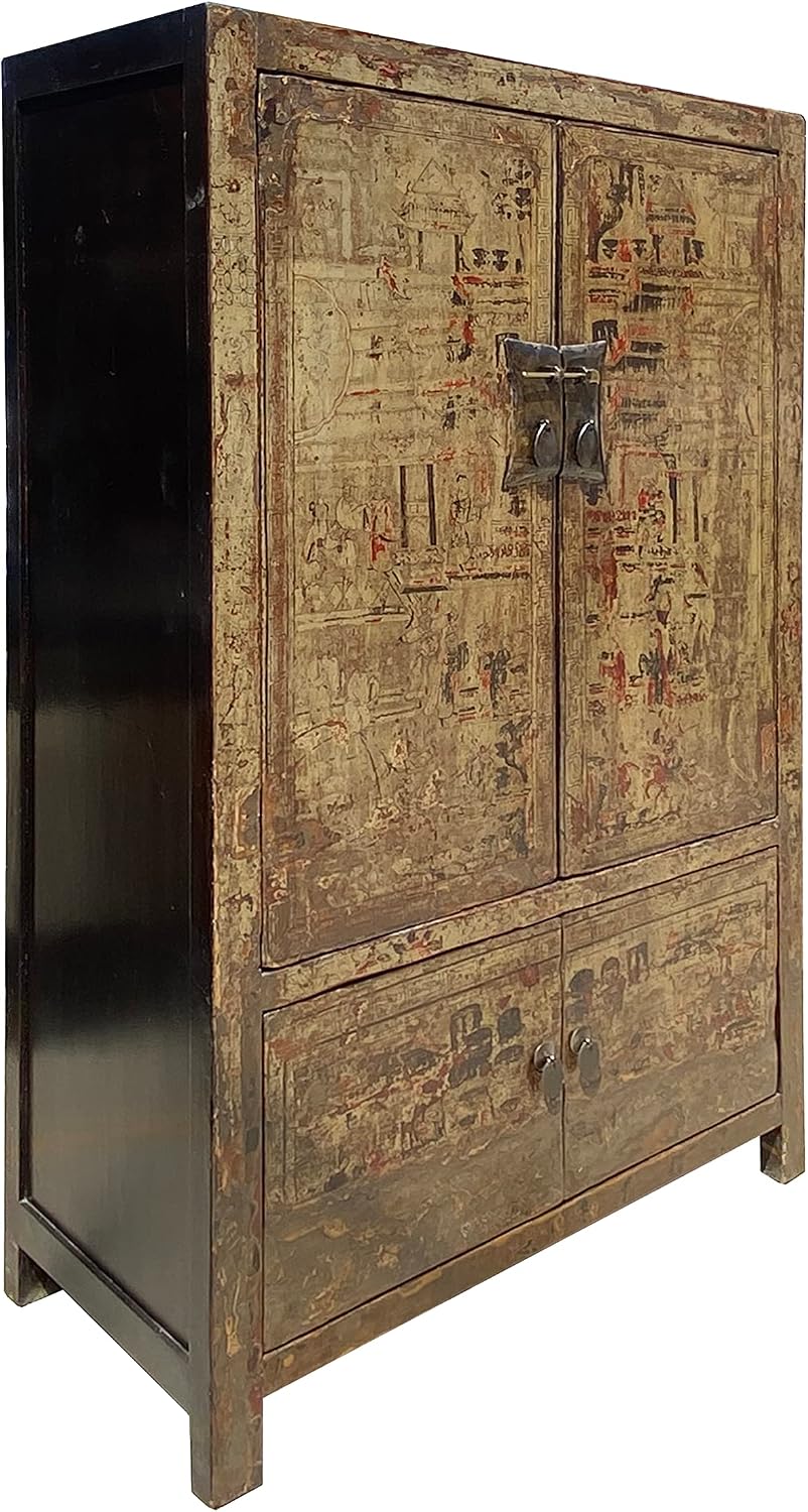Chinese Distressed Sorrell Brown Graphic TV Dressing Storage Cabinet Acs7329