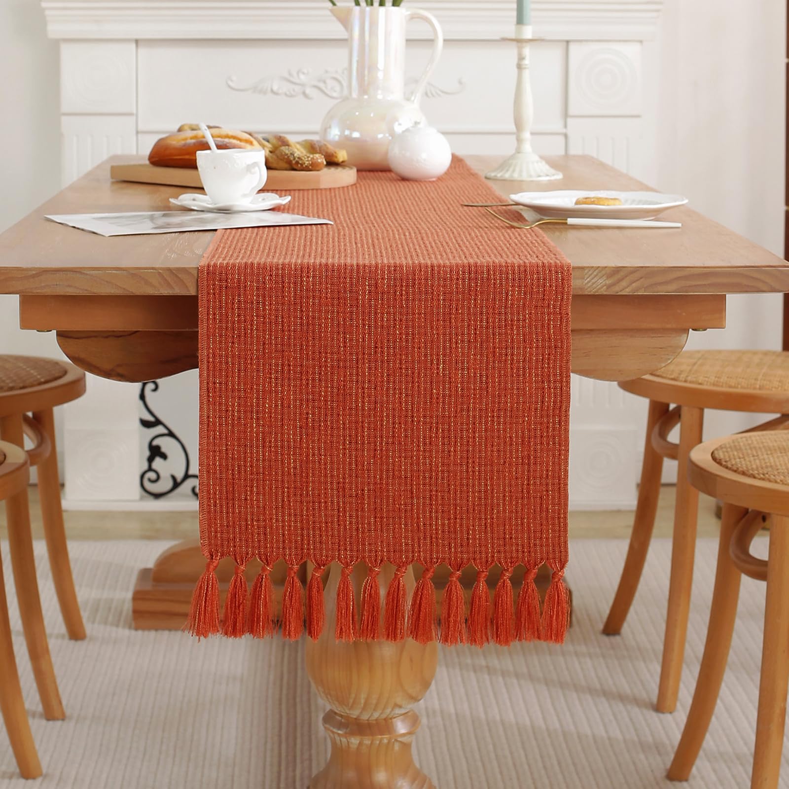 Chemin de table automne rustique 183 cm orange avec pampilles