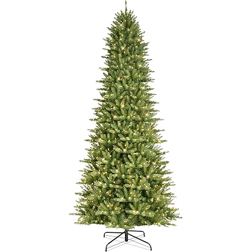 Puleo International 12ft Pre-Lit Slim Fraser Fir Christmas Tree with 1200 Clear Lights, 3903 Realistic Dense Branch Tips, Easy Setup Artificial Trees with Sturdy Metal Stand