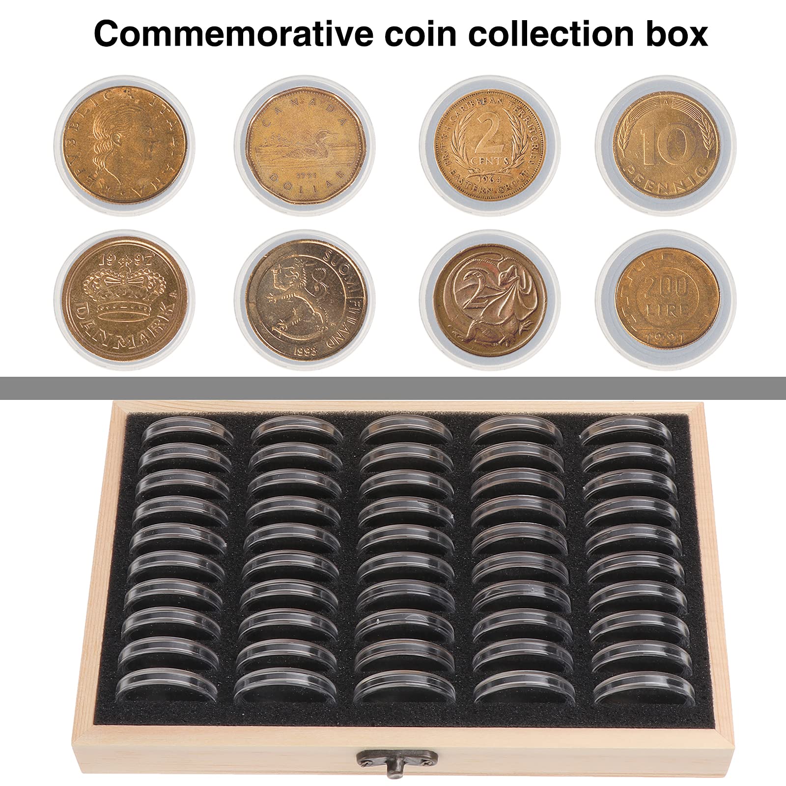 50 Pezzi Scatola Portamonete in Legno, Capsule per Monete, Portamonete in Legno per Collezionisti con Capsule per Monete da 18 mm/20 mm/23 mm/25 mm/27 mm/30 mm