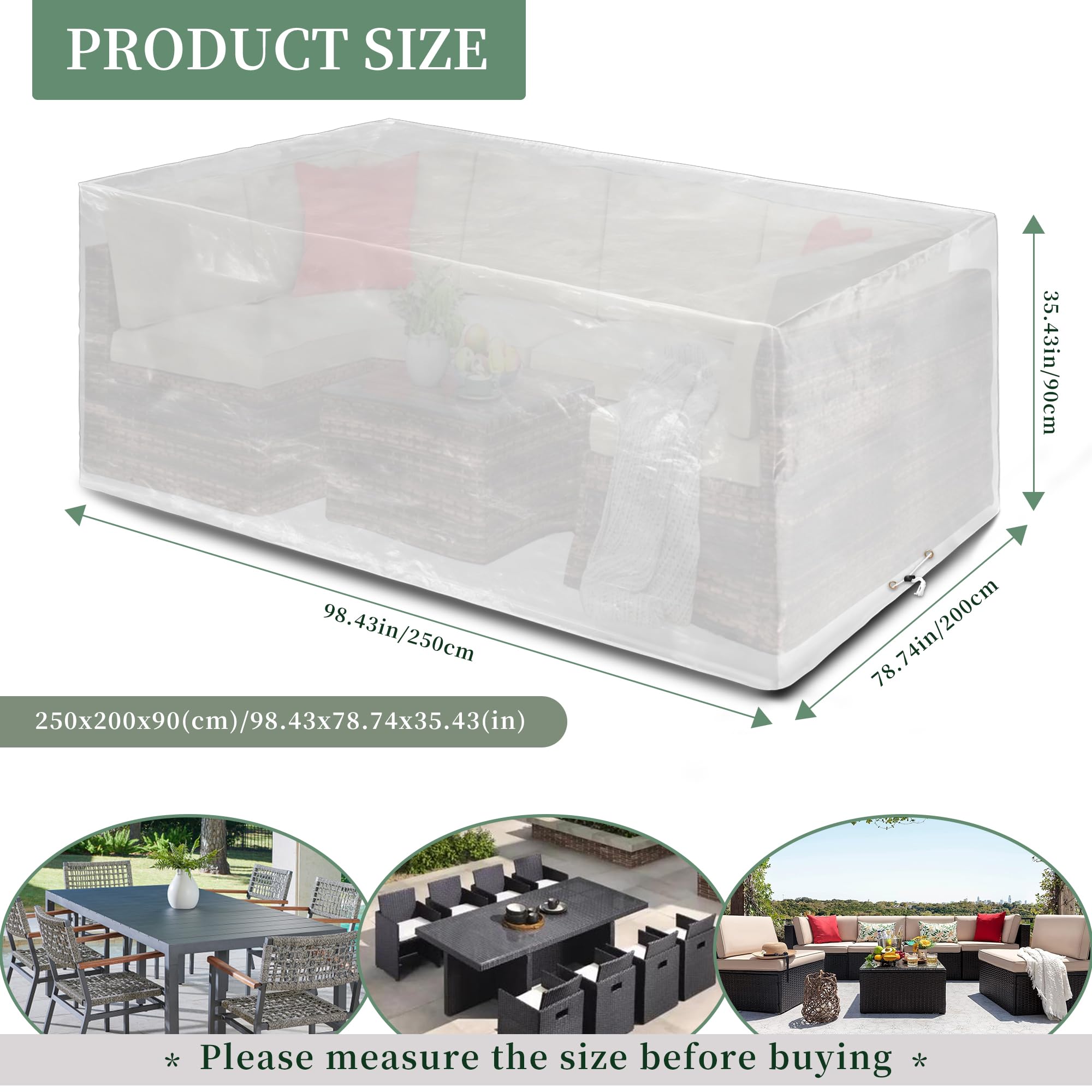 Housse de protection pour meubles de jardin - Imperméable - Pour meubles de jardin - Résistante à l'hiver - Coupe-vent - Anti-UV - 250 x 200 x 90 cm - Transparent