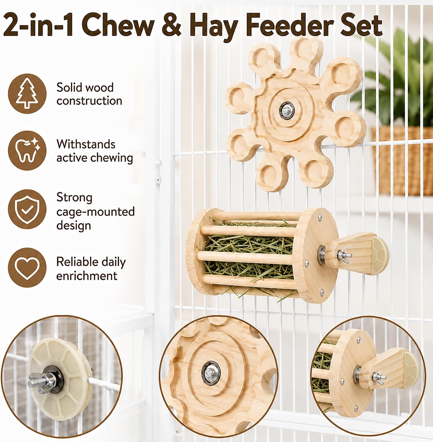 Chinchilla Chew Toys 2‑in‑1 Set Rotating Wooden Spinning Bunny Hay Feeder image 2