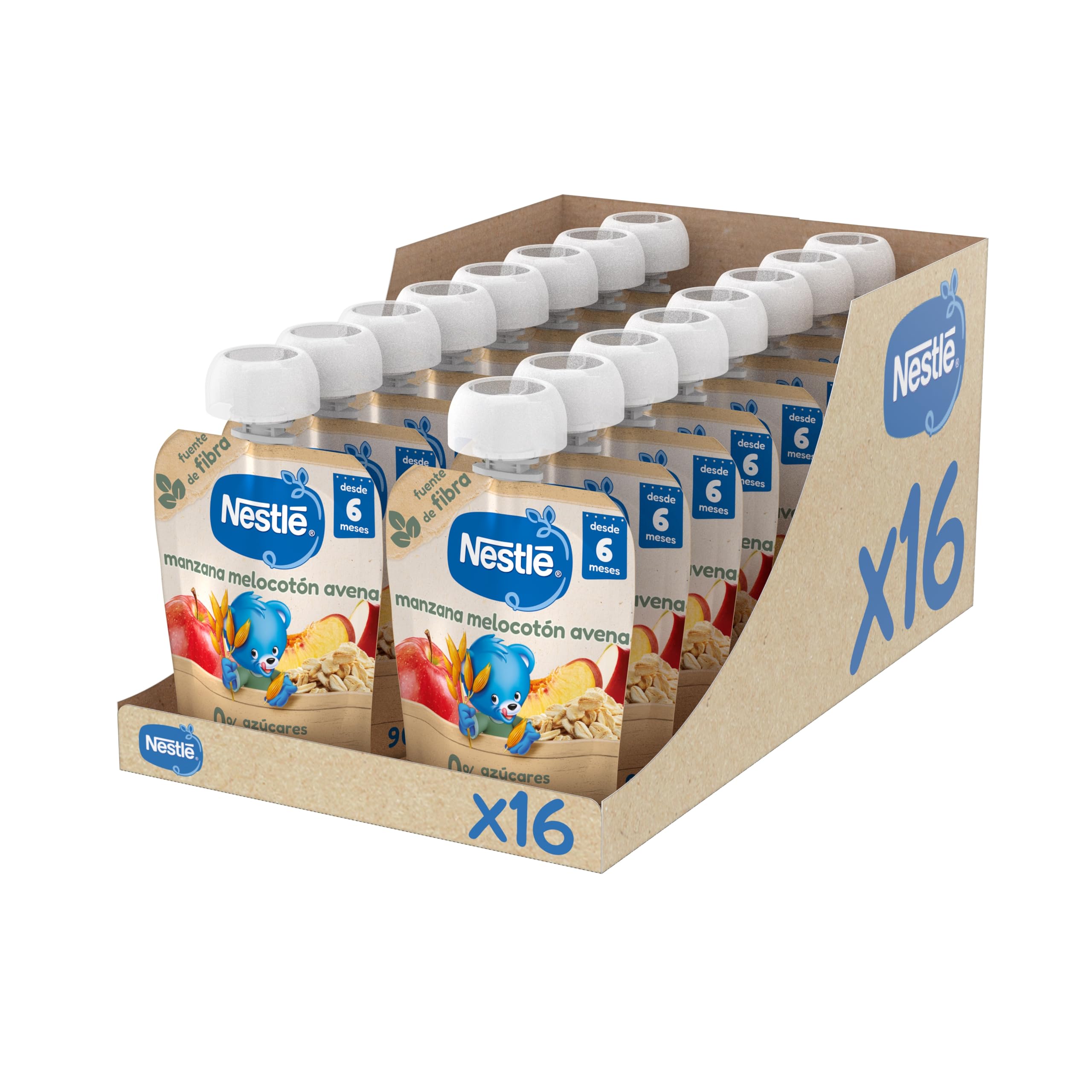 NESTLÉ Puré Manzana Melocotón y Avena para bebés 6 meses 16x90g