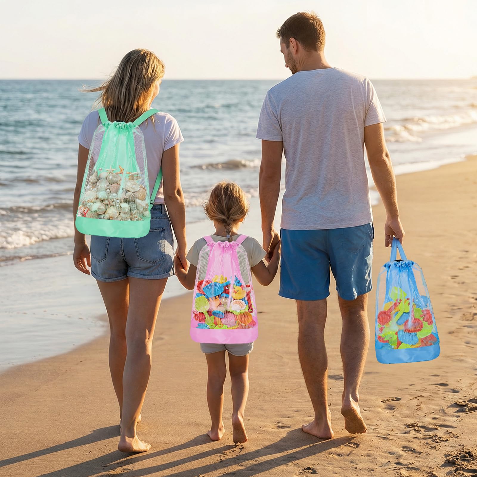 Bolsa para juguetes de playa, 3 PCS Bolsa Malla Juguetes Playa, Bolsa Juguetes Plegable, Bolsa de playa de malla con cordón, Para vacaciones familiares, viajes a la playa, juguetes (A)