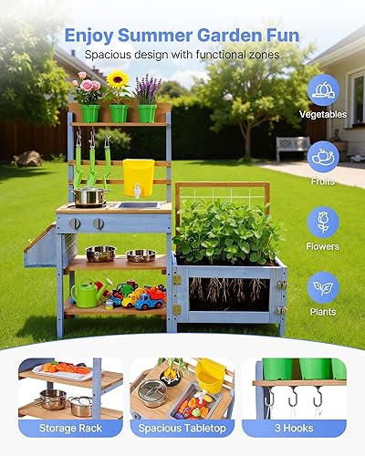Miniatura 5 de VEVOR Cocina de barro, cocina de barro al aire libre para niños, cocinas de juego de madera al aire libre con caja de plantación, recipiente para