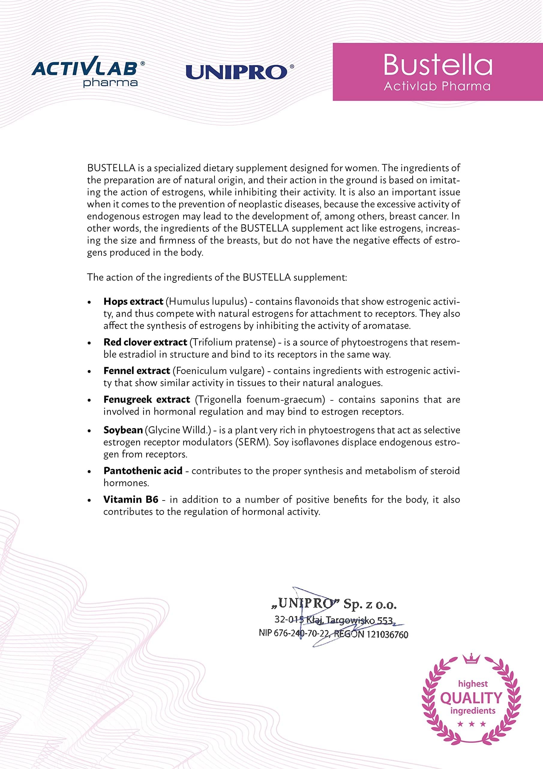 Activlab Pharma Bustella 60 Kapsułek, Serum, Ujędrnianie Piersi, Podnosi, Modeluje Biust, po Ciąży, Efekt Push Up, Przeznaczone dla Opadających Piersi, Źródło Fitohormonów i Witamin