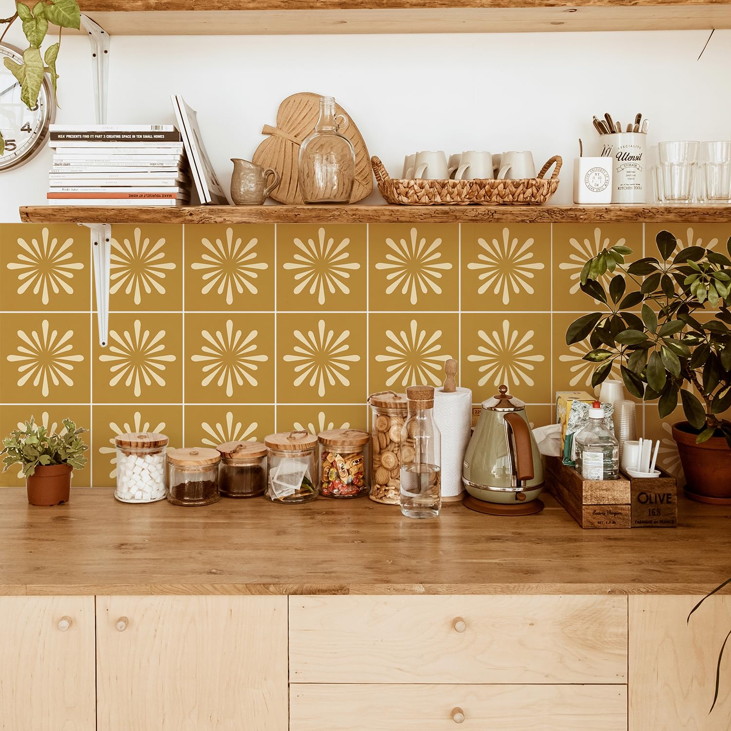 Tile Stickers 15x15 cm Mustard Yellow Flower Stick on Tiles Kitchen for Bathroom Waterproof Oilproof Backsplash Vinyl Decors DIY Peel and Stick Self Adhesive Wall Tiles (20 Pcs)