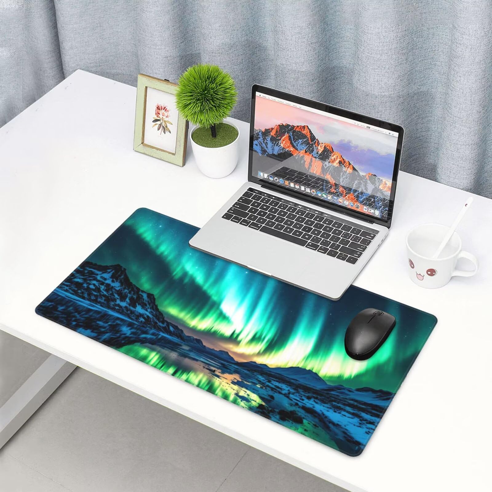 Gamingowa podkładka pod mysz XXL 1200 x 600 mm, Aurora podkładka pod mysz, jezioro, duża, 120 x 60 cm, rozszerzona podkładka na biurko, akcesoria gamingowe z przyszytymi krawędziami dla poprawy