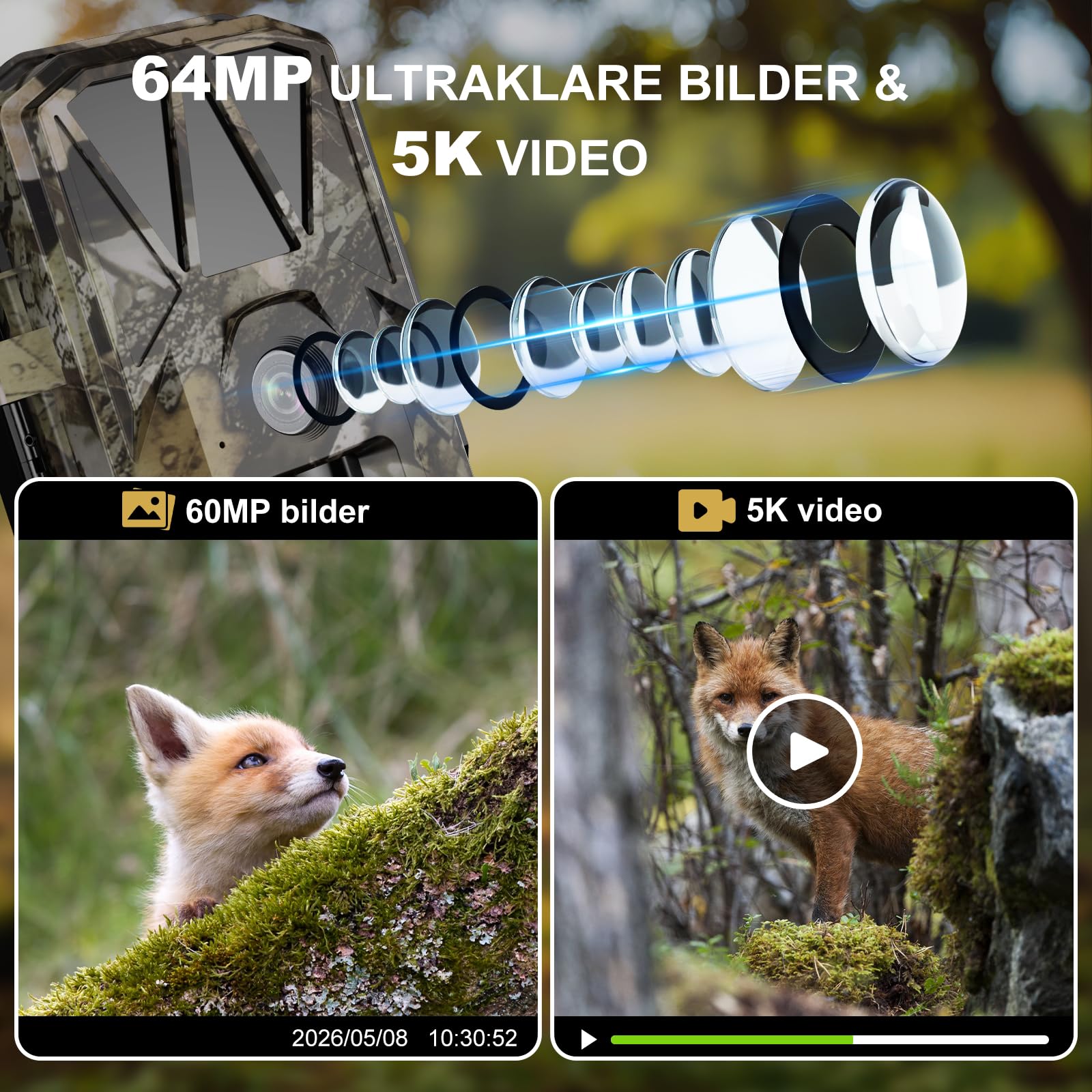 Wildkamera WLAN 5K/64MP mit Wiederaufladbare 10000mAh Akku | Wildtierkamera Solar, Handyübertragung App, Bewegungsmelder Nachtsicht, 32G SD Karte, 0,1s Auslösezeit, IP66