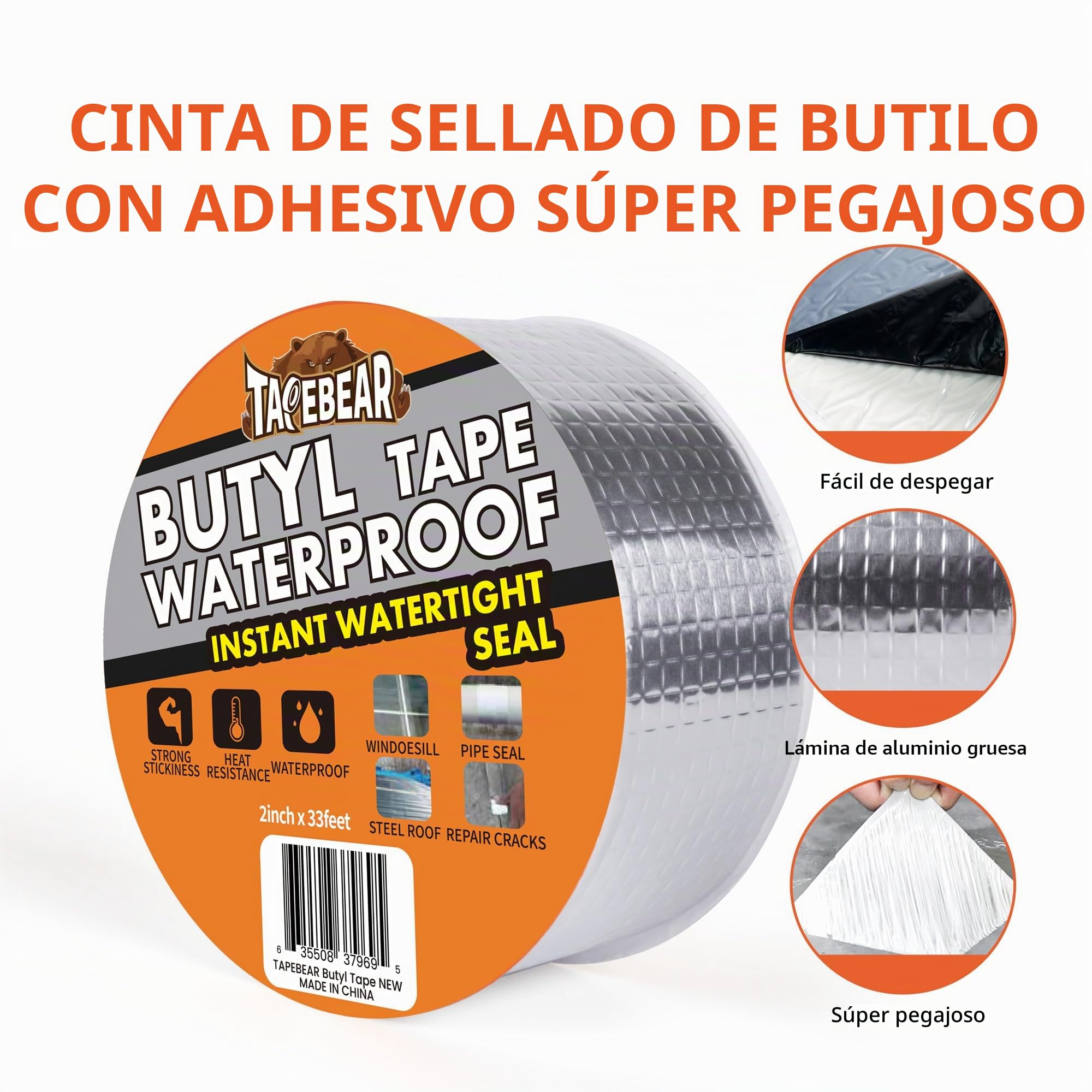 TAPEBEAR Cinta Butilo Impermeable 50mmx10m, Aluminio Sellador Cinta Butilica, Cinta De Para Reparación Autoadhesiva Para Fugas De Techo, Reparación De Grietas, Ruptura De Tuberías