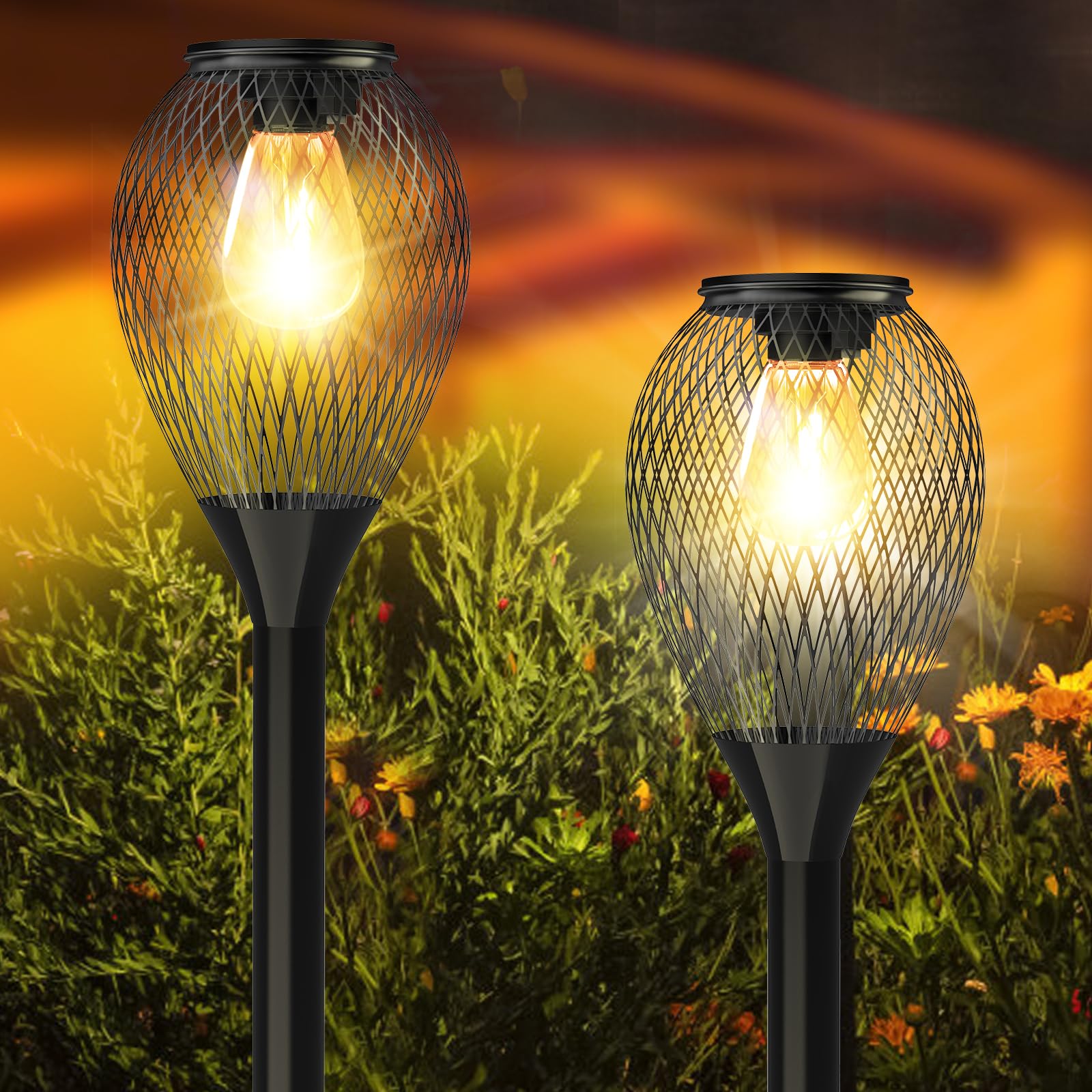 Ortiny Solar Lights Outdoor Garden, 2 Pack Outdoor Lights Upgraded Warm White Garden Solar Lights Outdoor Waterproof IP65 Auto On/Off Pathway Lighting for Patio, Yard, Pathway, Lawn [Energy Class A]
