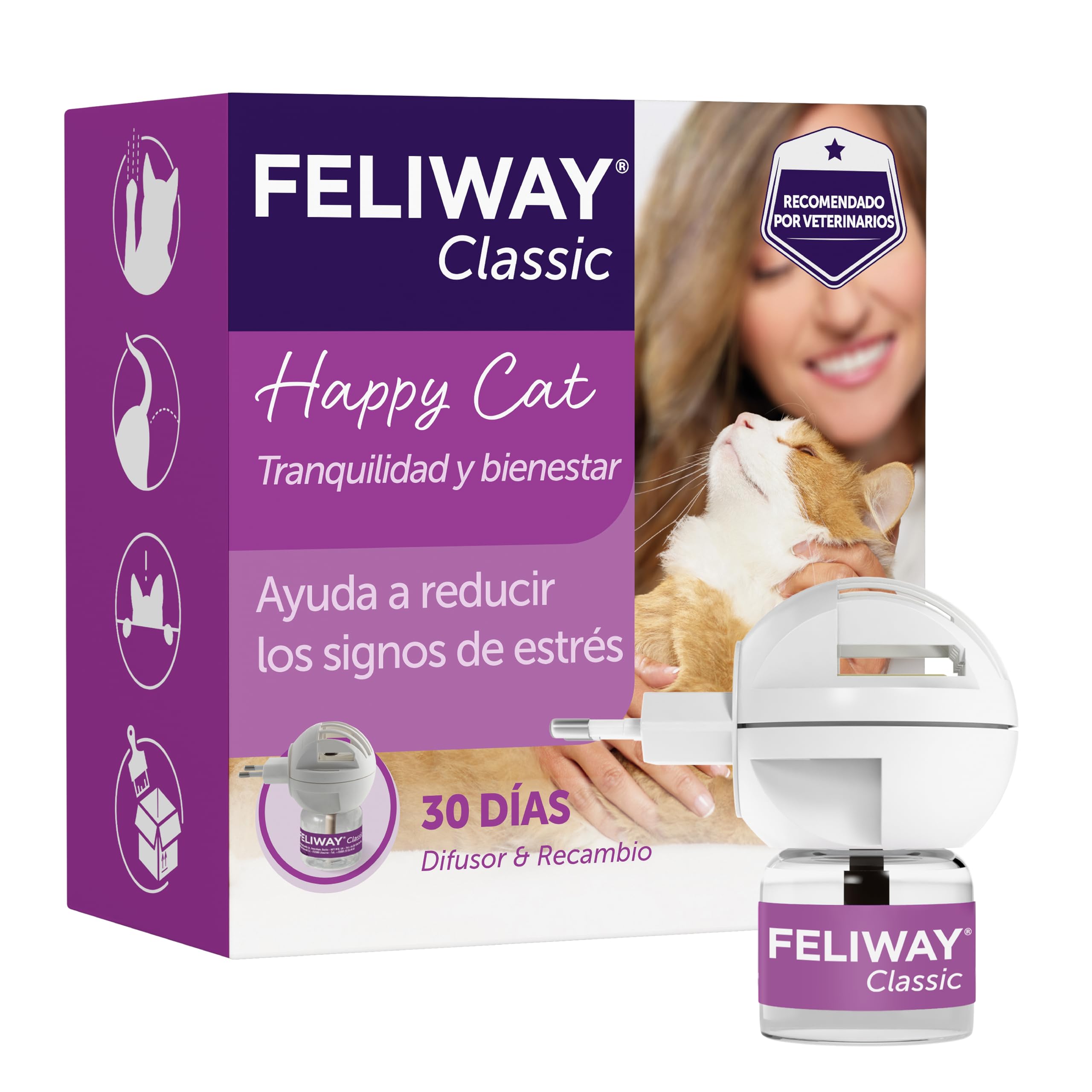 FELIWAY Classic - Difusor + Recambio de feromonas calmantes para gatos (30 días, 48 ​​ml) - Ayuda a reducir los signos más comunes de estrés. Recomendado por veterinarios. Tranquilidad y bienestar.